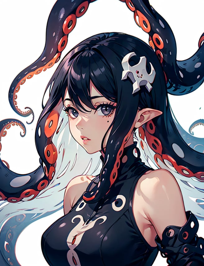 1girl, solo, long hair, breasts, looking at viewer, simple background, black hair, hair ornament, white background, hair between eyes, bare shoulders, upper body, parted lips, sleeveless, black eyes, lips, eyelashes, tentacles



(portrait:.6),Detailedface,
(detailed face:1), (tentacle hair:1.4),ASU1