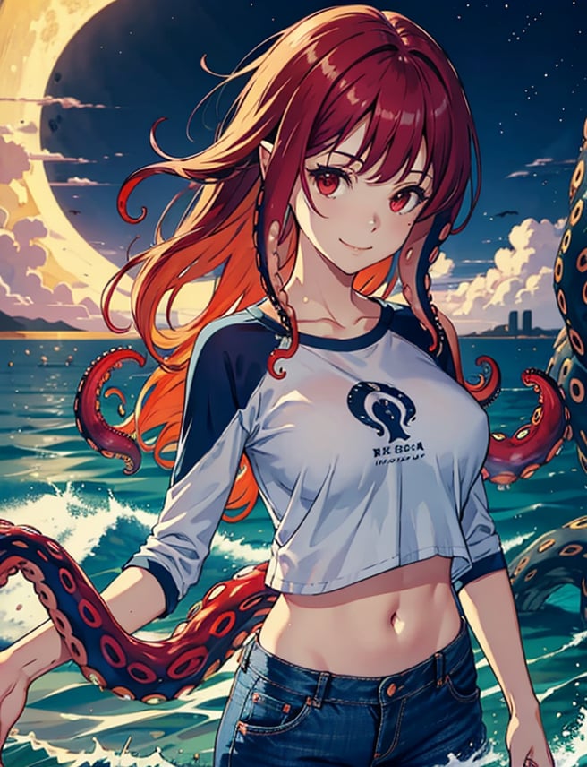 1girl, solo, long hair, breasts, looking at viewer, smile, large breasts, shirt, red eyes, navel, white shirt, red hair, outdoors, sky, midriff, pants, cloud, water, night, ocean, black pants, moon, denim, monster girl, night sky, tentacles, full moon, jeans, tentacle hair, raglan sleeves, waves



(portrait:.6),Detailedface,
(detailed face:1), (tentacle hair:1.4),ASU1