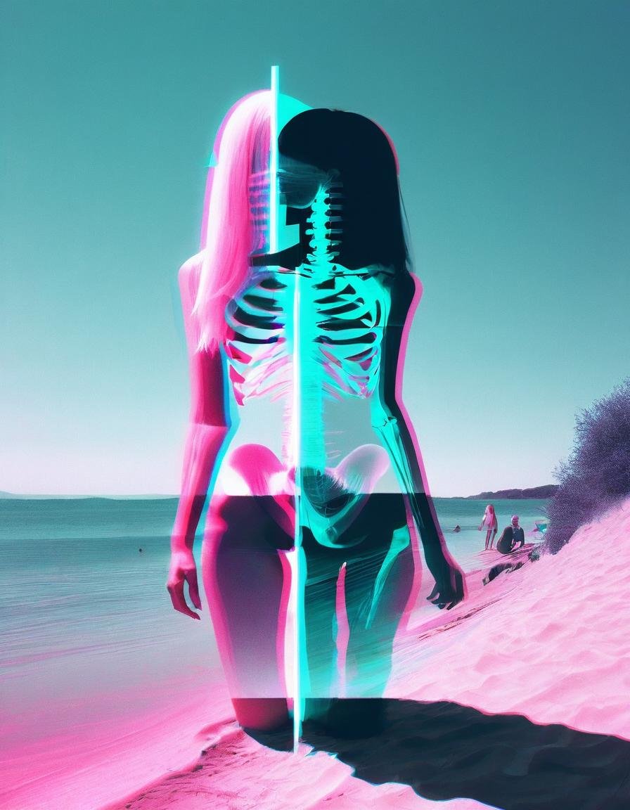 hyper realism, IR photo, light leaks, (split screen overlay , x-ray view:1.3), , , double exposure , , (glitched image:1.2), , , a glitched out pair of women relaxing a sunny beach  ,   pixelation , sinusoidal distortions, screen tear,  , post modern deconstruction , molecular view , vibrational spiral signals,  (rose garden overlay, split screen image:1.1), abstractions, experimental ,<lora:xray:1>  