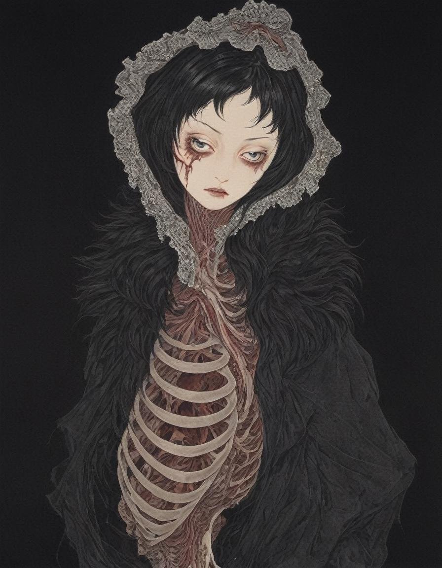 japanese line art    ,a mature woman wearing a black large fur coat with skeletal hands, flesh of her cheek missing exposing buccinator muscle and mandible bone , dripping blood, skeletal figures, gore, (aged black background:1.2) ,  weathered canvas and brushstroke  , (intricate eyeball  pattern background:1) , ,  bad  quality , low res,  , in the style of  takato yamamoto   unfinished, ugly, <lora:takma2:1.2>