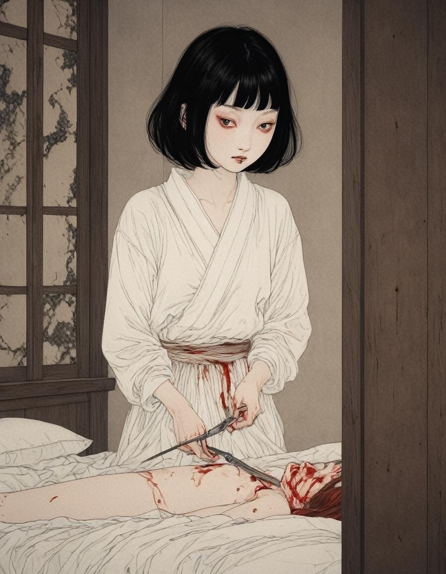 line art   painting , a voyeur view behind shutters, watching a school girl (cutting off fingers with scissors:1.2)  in her bedroom, missing fingers, bloody hands, twisted smile,  , dark ambiance , skeletal body   weathered canvas and brushstroke  ,   , in the style of  takato yamamoto <lora:takya:1>