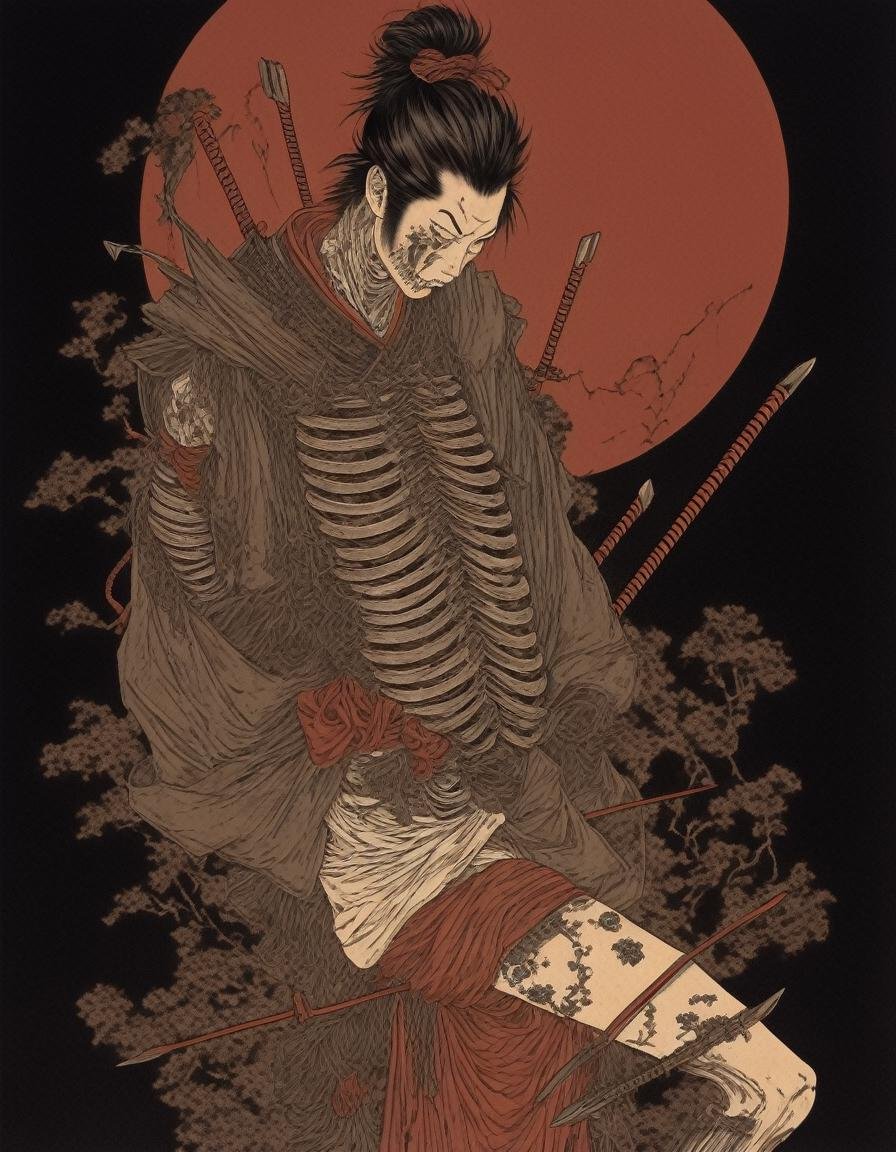 japanese line art    , a samurai( tied up  to a wooden steak with several arrows stuck in him,:1.2) lower body missing visible skeletal structure , ripped rags, rope and bloody ground, black skies and large moon , floral damask background ,  in the style of  takato yamamoto    , <lora:takma2:1>
