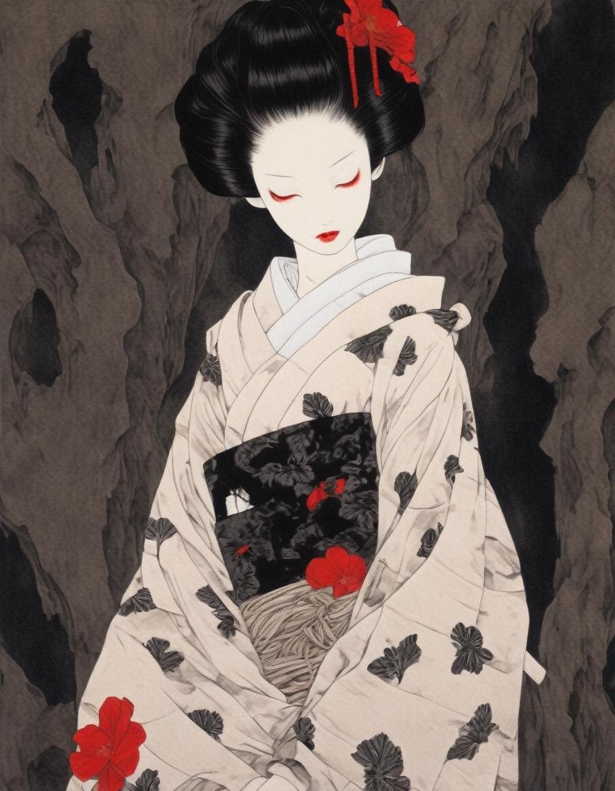 black and white line art   painting ,  floral print, flower, hair ornament, japanese clothes, kimono, obi, red lips, sash  , dark ambiance , skeletal body parts, weathered canvas and brushstroke  ,   , in the style of  takato yamamoto   <lora:takma2:1>