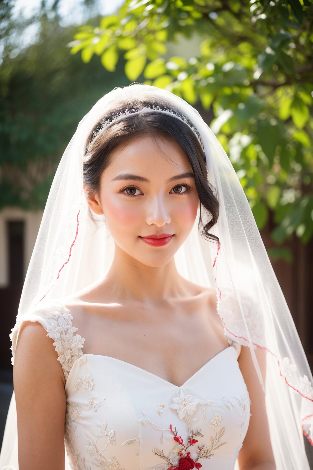 cute woman, light smile, white weeding dress, white veil, embroidery clothes, standing, (close-up), natural lighting