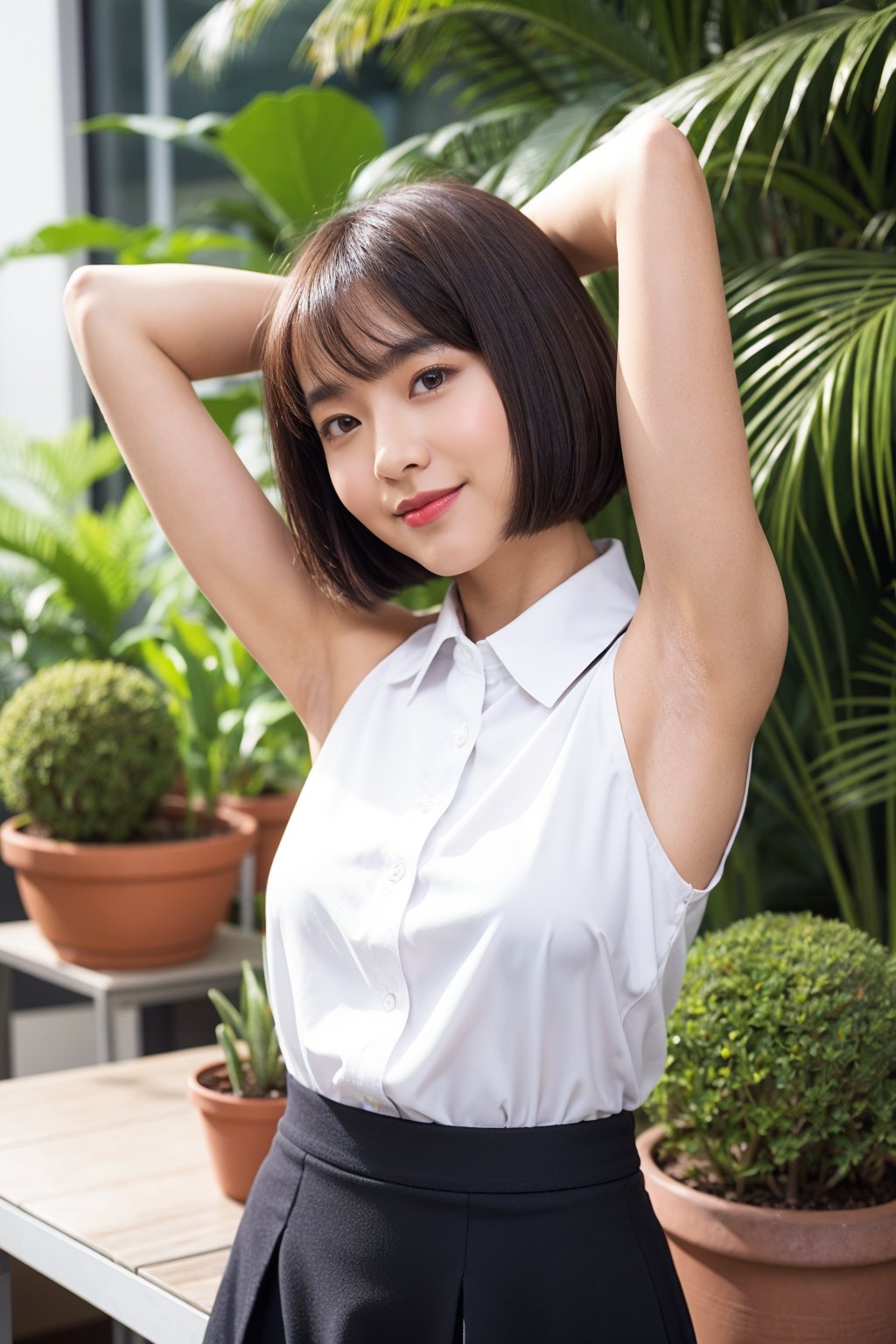 cute japanese woman, cute face, bob cut, (close up), light smile, looking at viewer, (office lady), (office background), potted plant, (collared white shirt), sleeveless, miniskirt, black skirt, (arms behind head), armpits, natural lighting