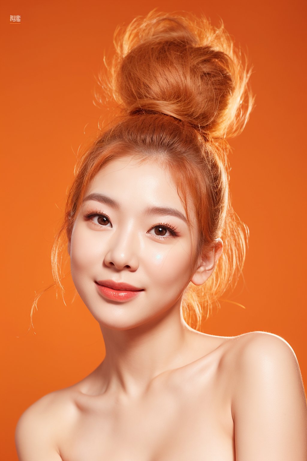 korean russian woman, bob hair, upper body, light smile, aegyo sal makeup, (nude), orange background, (front view:1.2)