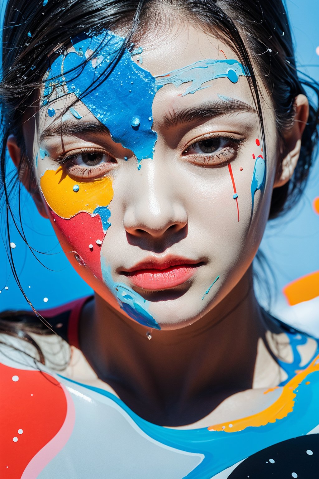 woman, a face that gradually disappeared from sight, abstract painting with straight lines and dots drop water, combination of glass texture with sand and paint splash, super bright light on background