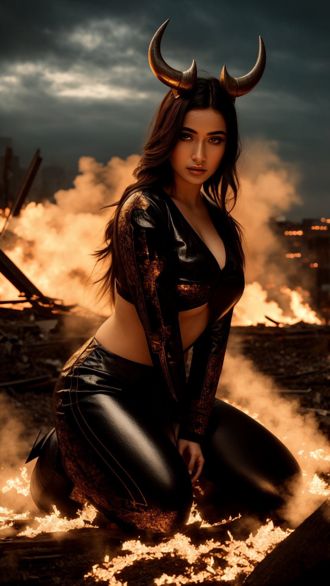 Masterpiece, Best Quality, highres, 1girl,   Amidst the smoldering ruins of a fallen city, a horned demon girl kneels, tracing patterns in the ash. Her skin, the color of twilight, shimmers with celestial embers, a stark contrast to the darkness around her. A single fallen star rests in her palm, Realism,Detailedface,Portrait,Raw photo,photorealistic,Realism