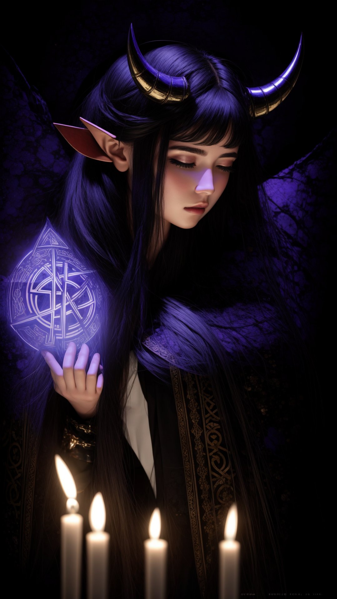 Masterpiece, Best Quality, highres, 1girl,  In a cavern resonating with forgotten whispers, a horned demon girl chants, her voice weaving spells of ancient power. Runes glow upon her obsidian horns, each stroke resonating with the forgotten pulse of a slumbering deity, Realism,Detailedface,Portrait,Raw photo,photorealistic,Realism