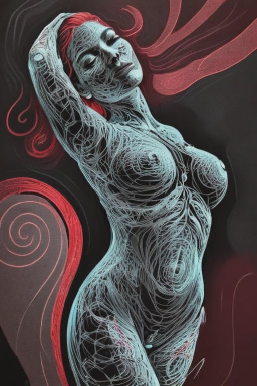 Opulent Lineart of A gorgeous woman shape posing, glow in the dark, red muted colors, eloquently detailed textures, spiraling, stripes, 
64k,uhd,hdr, depth of field, detailed finelines, masterpiece drawing ,xlinex,xGEBx