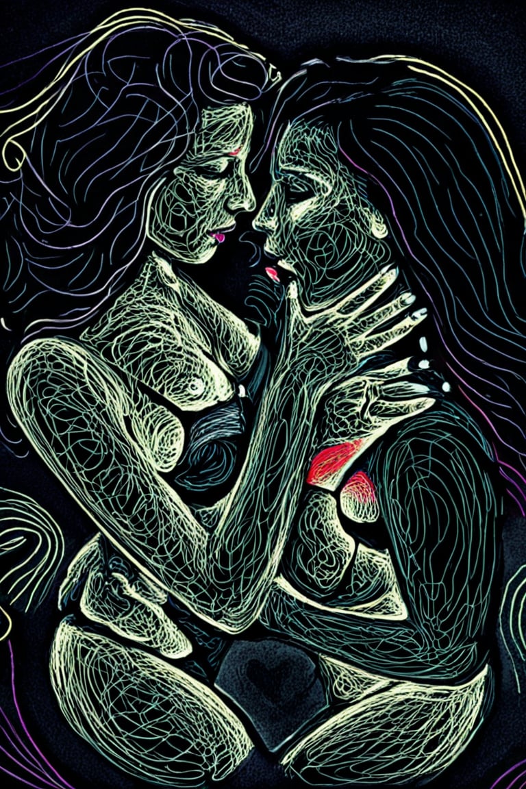 Opulent Line-art of women duo, intimate, soul, femininity, in the dark, ultra thin lines, moody, detailed textures, spiraling, 
64k,uhd,hdr, depth of field, detailed finelines, masterpiece drawing ,xlinex, 