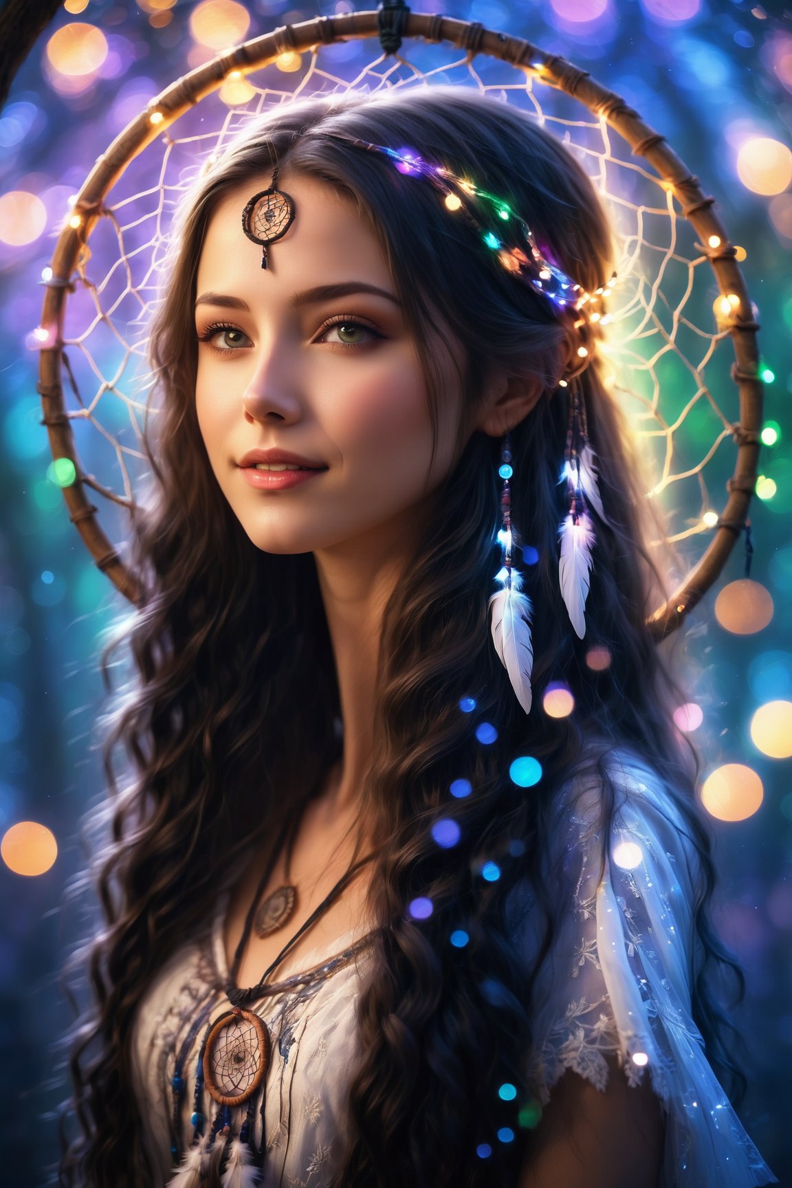 Masterpiece image of a beautiful girl with long knotted hair caught in the middle of a huge dream catcher, divine proportion, non-douche smile, Luminous pixie dust particles, Glowing Whisper, Ethereal Touch, Nocturnal Grace, Silent Luminescence, Midnight Flutter, Whispering Silent, Iridescent Encounter, Moonlit Shadow, by Skyrn99, high quality, high detail, high resolution, (bokeh:3), backlit, long exposure:3,

