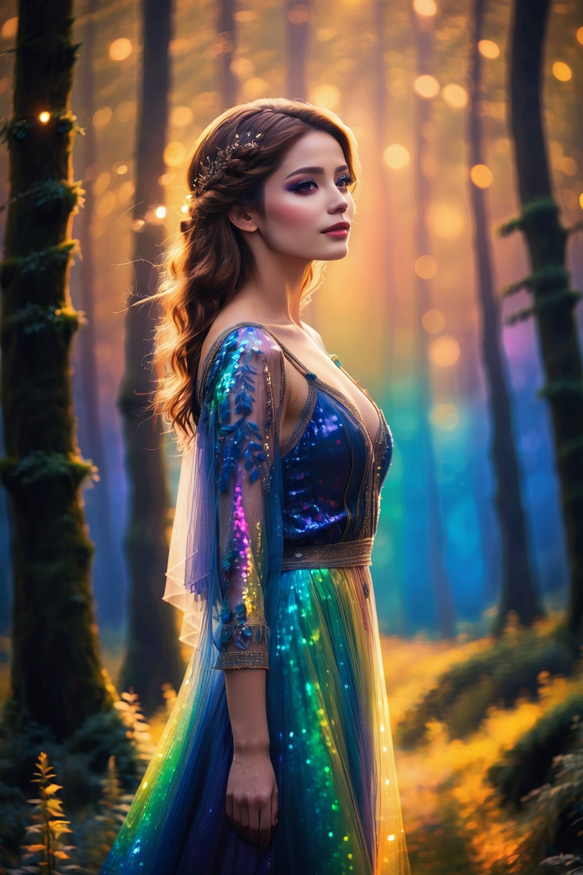 Masterpiece image of a beautiful girl with shoulder-length angled bluntends hairstyle, divine proportion, non-douche smile, aurora borealis, night scene, Glowing Whisper, Ethereal dance, Nocturnal Grace, Silent Luminescence, Midnight Flutter, Whispering Silent, Iridescent Encounter, Moonlit Shadow, by Skyrn99, full body, (((rule of thirds))), high quality, high detail, high resolution, (bokeh:2), backlight, long exposure:2,

