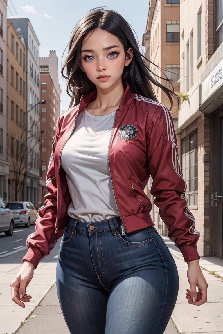 1girl, detailed and intricate ,complex , complex background,comic style, jeans, open_track_jacket