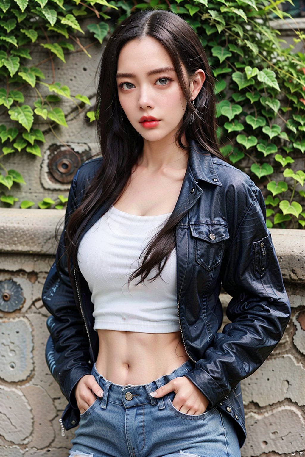 kll, 1girl, solo, navel, pants, black hair, denim, hands in pockets, jeans, realistic, midriff, looking at viewer, breasts, lips, collarbone, outdoors, jacket, cowboy shot,

Masterpiece, best quality, 8k resolution, absurd, extremely detailed, highly detailed,
Ray tracing, telephoto lenses, movie angles