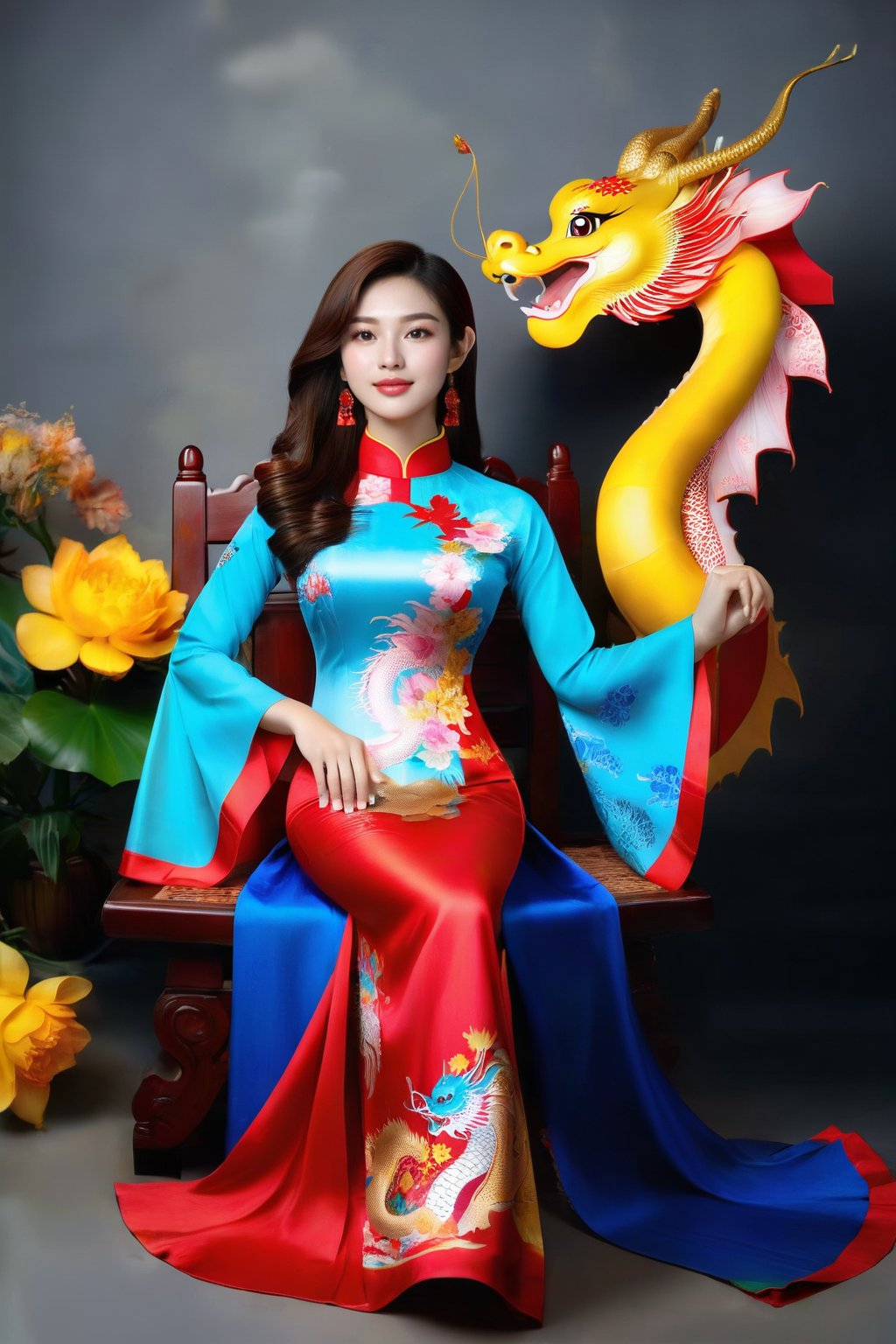 A portrait of a beautiful Vietnamese girl in a blue yellow ao dai with dragon and floral pattern, is seated on a wooden chair with a grey background behind her. The studio light is positioned to the right of the girl, casting a soft light on her face and dress.,1girl,Vietnam,girl,women,woman,beauty,ao dai,lovely