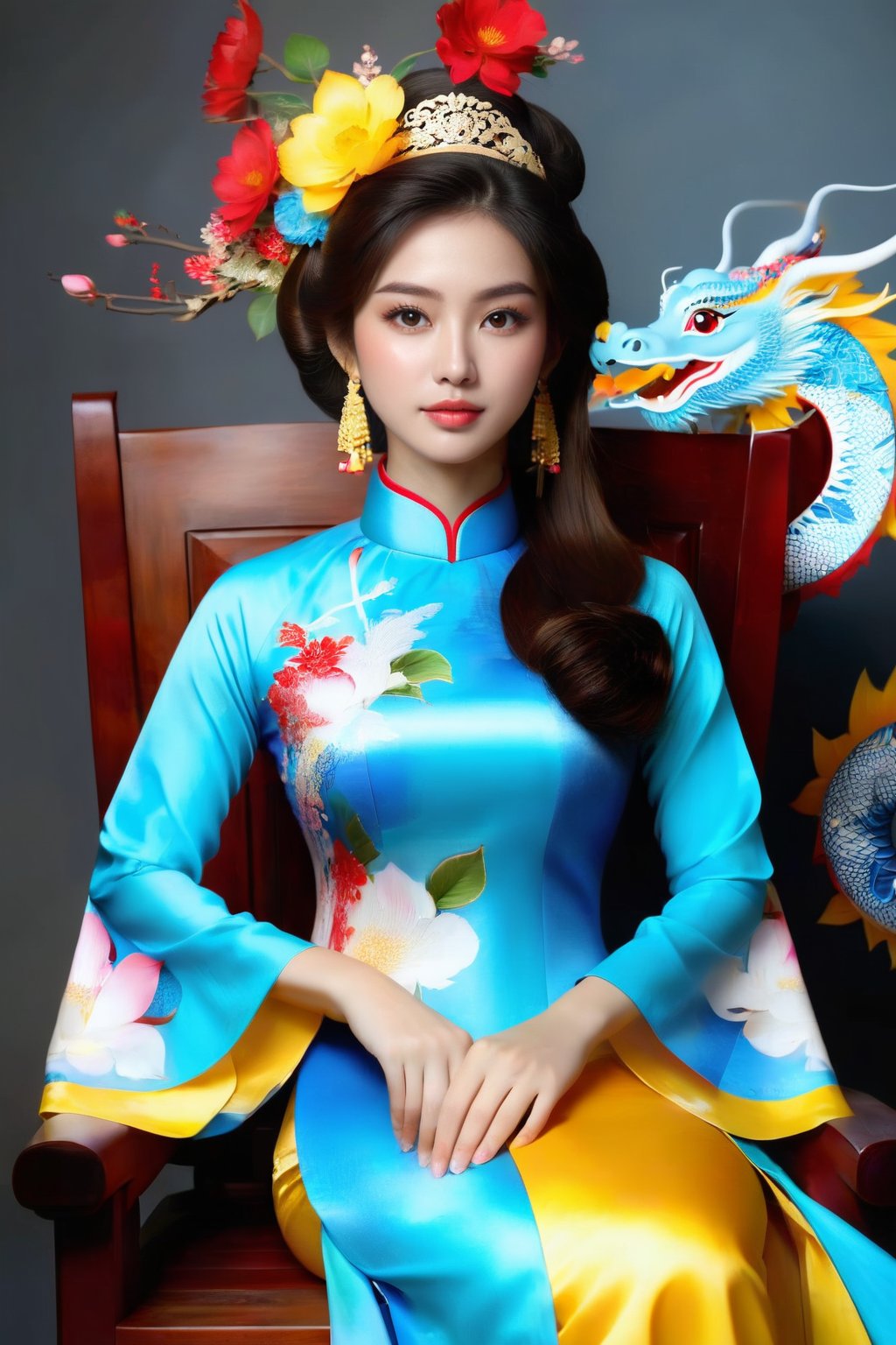 A portrait of a beautiful Vietnamese girl in a blue yellow ao dai with dragon and floral pattern, is seated on a wooden chair with a grey background behind her. The studio light is positioned to the right of the girl, casting a soft light on her face and dress.,1girl,Vietnam,girl,women,woman,beauty,ao dai,lovely