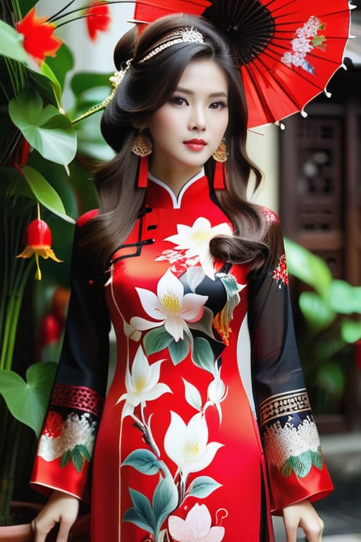 girl,pattern, Vietnamese Women , cute, beauty,sexy,(brown long hair),Red Ao Dai,More Detail,(white black outfit),women,ao dai