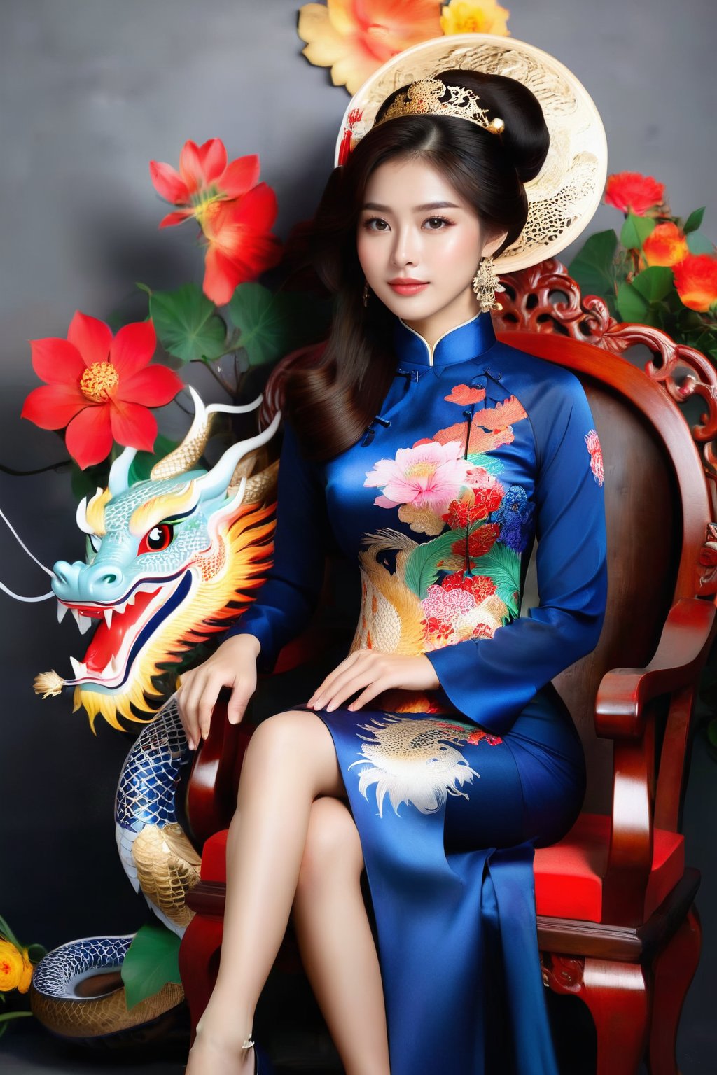 A portrait of a beautiful Vietnamese girl in a black ao dai with dragon and floral pattern, is seated on a wooden chair with a grey background behind her. The studio light is positioned to the right of the girl, casting a soft light on her face and dress.,1girl,Vietnam,girl,women,woman,beauty,ao dai,lovely,Ao dai