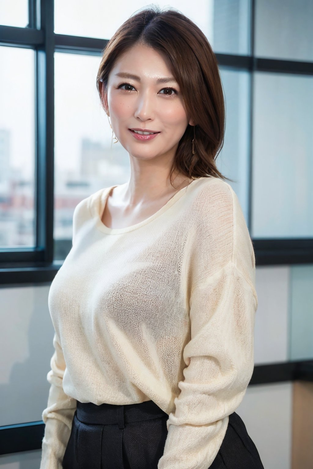 big smile,  Best quality,  raw photo,  photorealism,  UHD,  lifelike rendering,  (upper body portrait:1.2),  Photo of stunningly Beautiful japanese milf,  stunning,  medium dark brown hair,  natural large breasts,  curvy figure,  long-legged,  pale skin,  skin pores,  daily outfit,  fitted knit sweater,  sharp focus,  smile,  gaze at viewer,  from below,  closed to up,  thighs focus,  detailed eyes,  exquisite facial,  detailed real skin texture,  detailed fabric rendering,  daylight,  ray tracing,  sawaguchiyasuko,  koizumikyoko,  big breasts, ogurakumiko,<lora:EMS-52083-EMS:0.800000>,<lora:EMS-280321-EMS:0.800000>