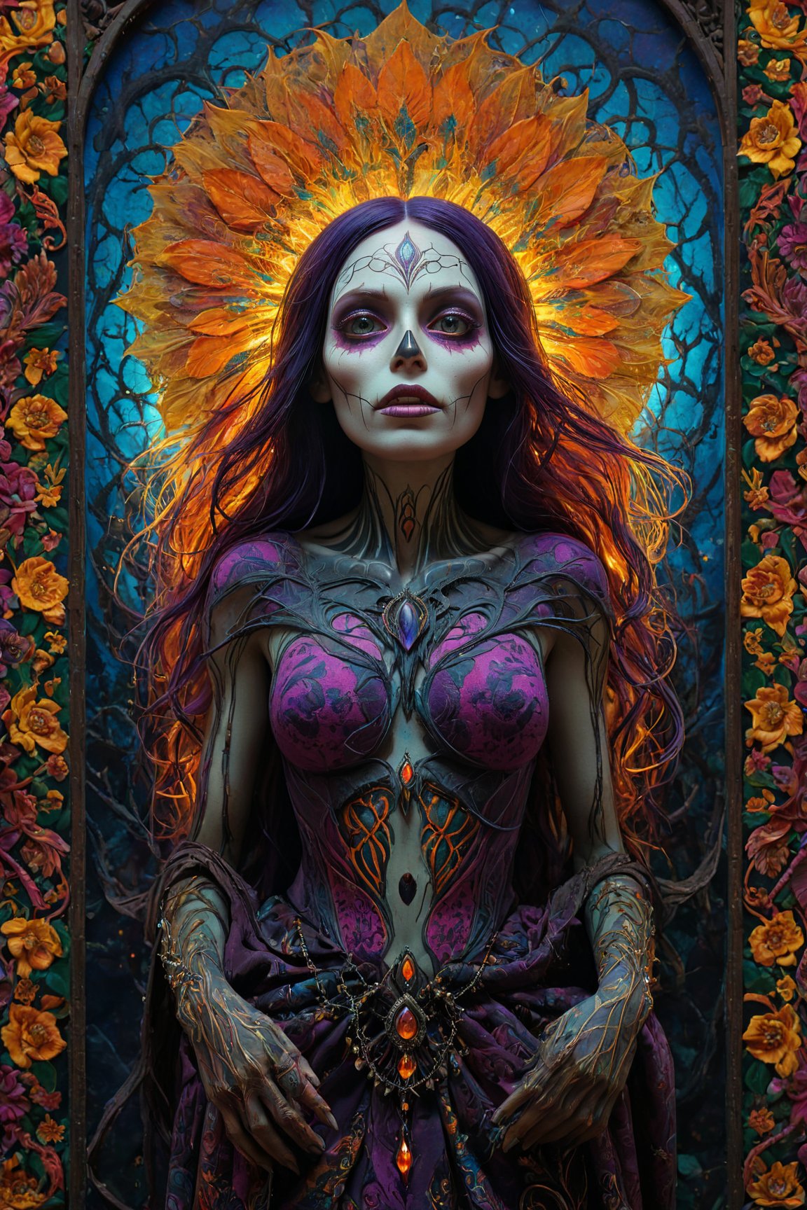 (best quality,8K,highres,masterpiece), ultra-detailed, (super colorful, hauntingly beautiful), portrayal of a captivating corpo seco. This mysterious being, with its decaying human body, is adorned in a mesmerizing tapestry of intricate patterns and symbols that explode with a vibrant and enchanting array of colors. It stands tall in a desolate yet mesmerizing graveyard, where the radiant colors of the patterns and symbols contrast vividly with the eerie surroundings, creating a spellbinding and unforgettable masterpiece that blurs the line between beauty and the macabre.