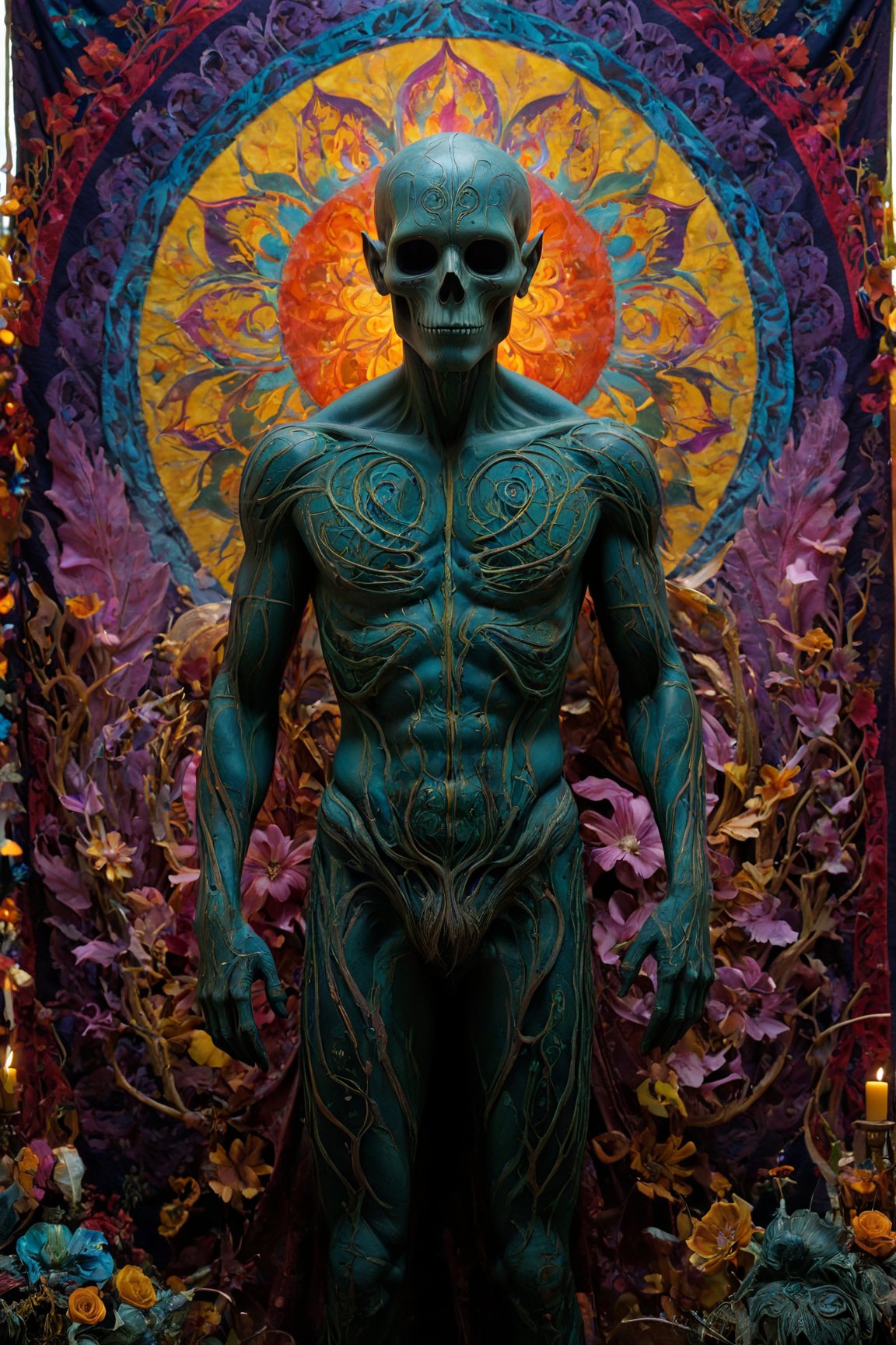 (best quality,8K,highres,masterpiece), ultra-detailed, (super colorful, hauntingly beautiful), portrayal of a captivating corpo seco. This mysterious being, with its decaying human body, is adorned in a mesmerizing tapestry of intricate patterns and symbols that explode with a vibrant and enchanting array of colors. It stands tall in a desolate yet mesmerizing graveyard, where the radiant colors of the patterns and symbols contrast vividly with the eerie surroundings, creating a spellbinding and unforgettable masterpiece that blurs the line between beauty and the macabre.