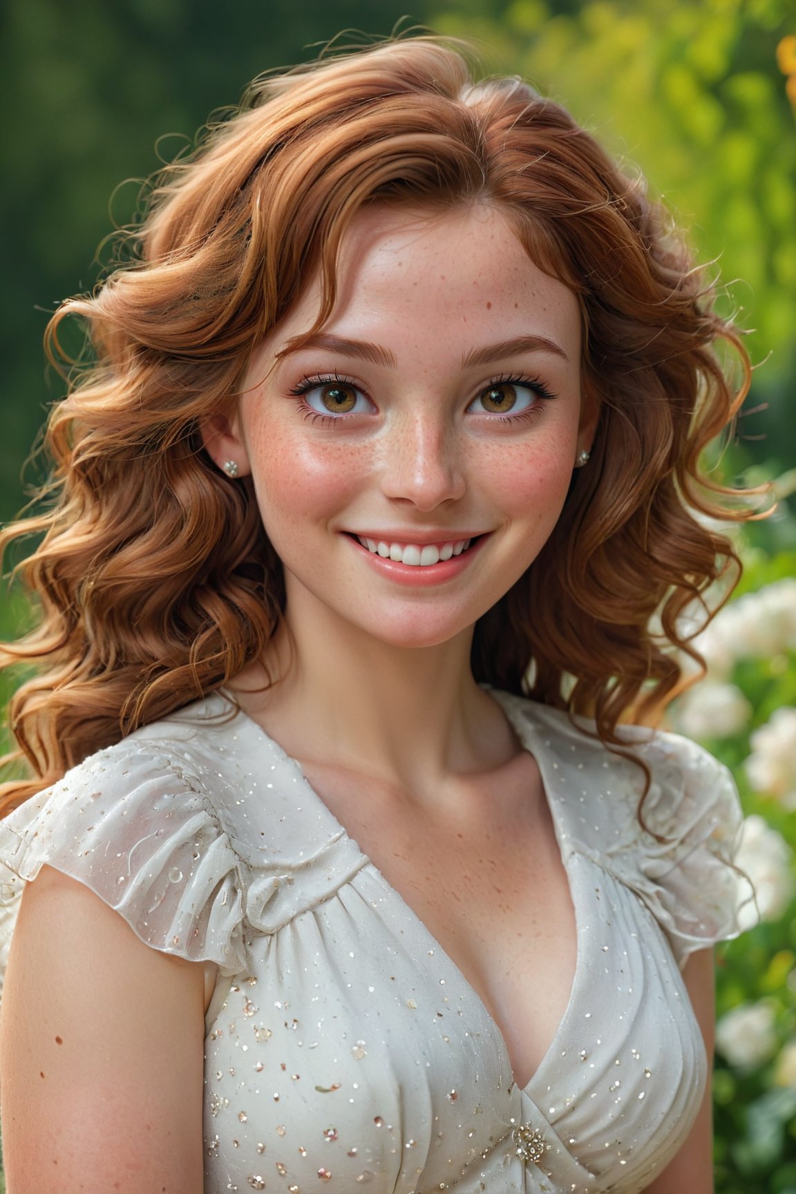 (best quality,4k,8k,highres,masterpiece:1.2),ultra-detailed,(realistic,photorealistic,photo-realistic:1.37),beautiful smile,smiling face,detailed eyes,detailed lips,delicate nose,freckles,soft skin,brown wavy hair,elegant posture,feminine charm,graceful dress,fine details,gorgeous background,vibrant colors,subtle lighting,portraits