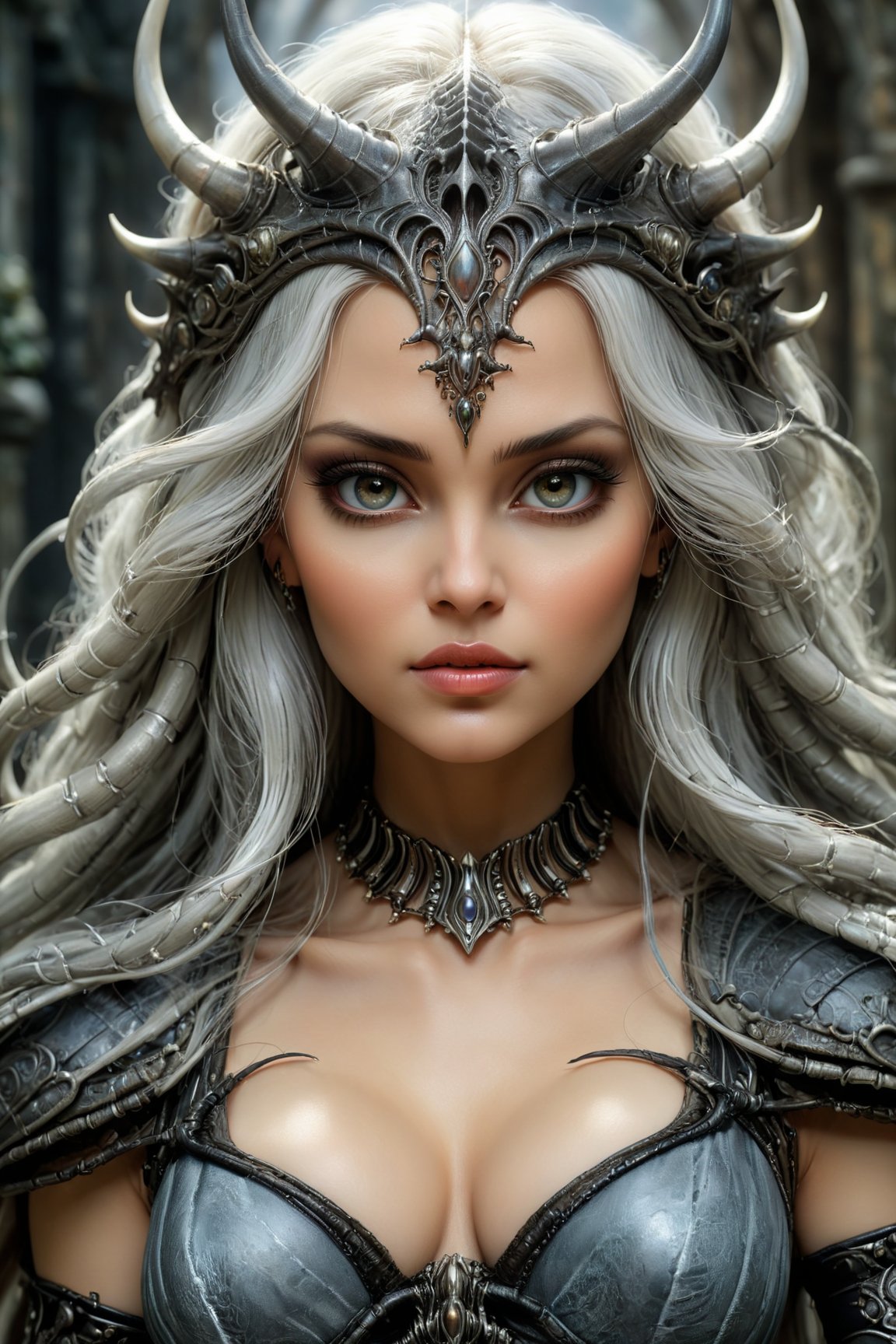 (best quality, 8K, highres, masterpiece), ultra-detailed, (Luis Royo and H.R. Giger-inspired) fantasy portrait. Imagine an ethereal queen with a regal presence, adorned in ancient attire, her skin resembling smooth white ash. Embrace athleticism and attractiveness in her demeanor. The color palette should consist of muted tones to convey powerful emotions. This close-up theme demands intricate details, vibrant brightness, and highly detailed digital art, reminiscent of Julie Bell's artistic touch. Transport the viewer into a realm where magic and sorcery intertwine with Fantasy, Science Fiction, and Mythological elements, resulting in a breathtaking masterpiece. Ensure the final image boasts good quality, sharp focus, and impressive graphics.