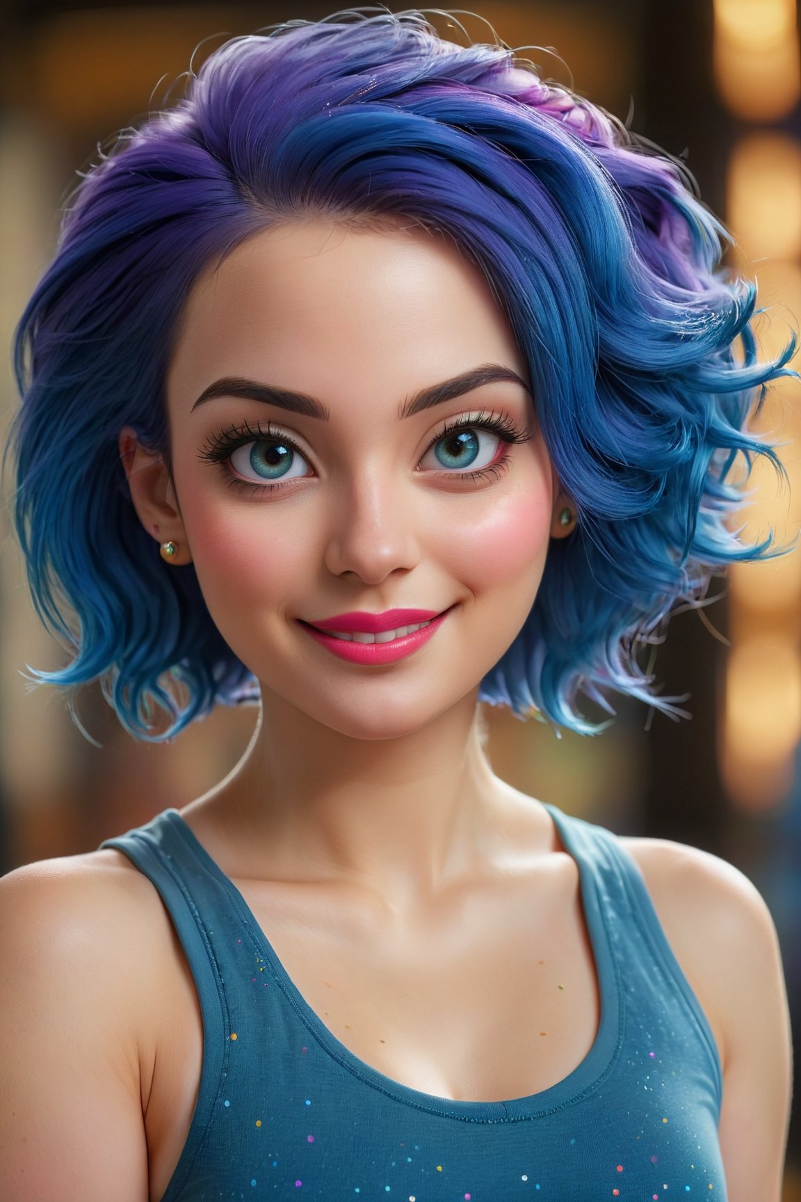 woman, smiling, blue hair, gym clothes, (best quality, highres:1.2), (vivid colors, colorful:1.1), (bokeh), (portraits), (studio lighting), (ultra-fine painting), (sharp focus), (extremely detailed eyes and face), (detailed lips), (beautiful detailed eyes), (long eyelashes)