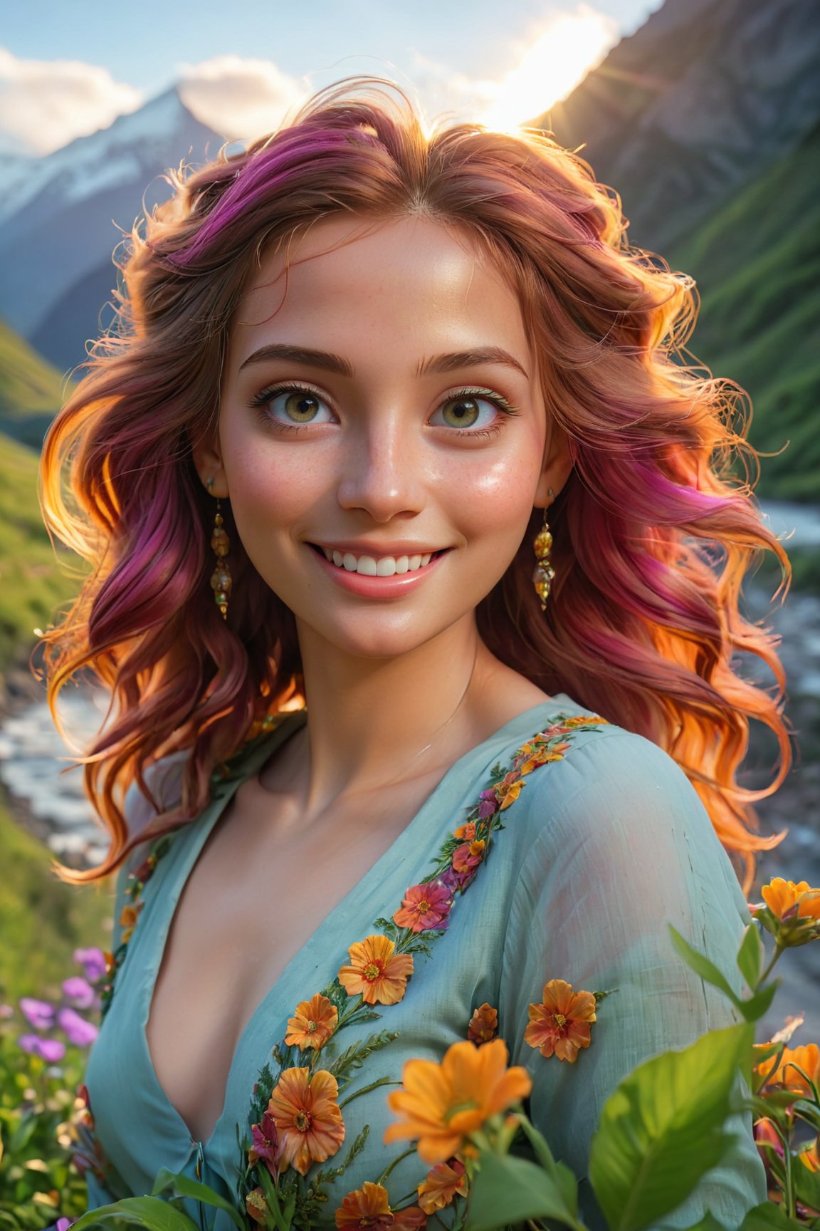 (best quality,  8k,  highres,  masterpiece:1.2),  photorealistic,  ultra-detailed,  vibrant photography of a woman in nature,  cute smile,  dramatic lighting,  finely detailed beautiful eyes,  fine detailed skin,  Natural scenery,  majestic landscape,  colorful flowers,  distant mountains,  flowing rivers,  melting sunset,  serene atmosphere,  dazzling sunlight,  blissful vibes,  freckled face,  luscious greenery,  soft breeze,  ethereal beauty