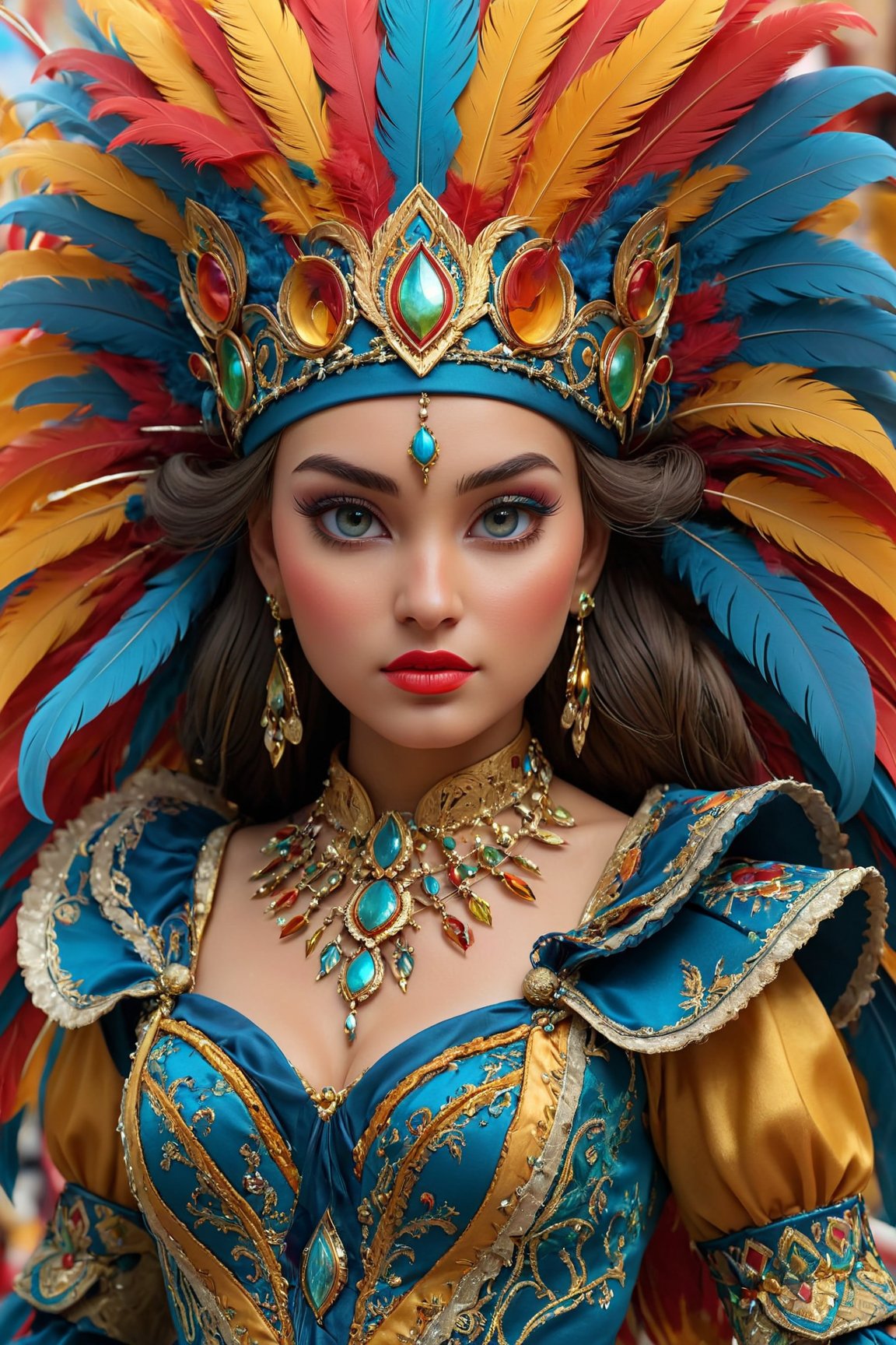 A woman wearing a costume for carnival, with religious images, avoiding the use of feathers. Illustration as the medium, with best quality, 4k resolution, and ultra-detailed. The girl has beautiful detailed eyes and lips, and her face and eyelashes are extremely detailed. She is wearing a vibrant and elaborate costume, adorned with religious symbols and motifs. The costume is made of high-quality materials, resembling a combination of traditional garments and modern designs. It is a masterpiece of craftsmanship, with sharp focus and vivid colors. The overall style is a mix of cultural heritage and contemporary aesthetics. The color palette consists of bright and contrasting hues, emphasizing the festive atmosphere. The lighting captures the richness of the colors and highlights the intricate details of the costume