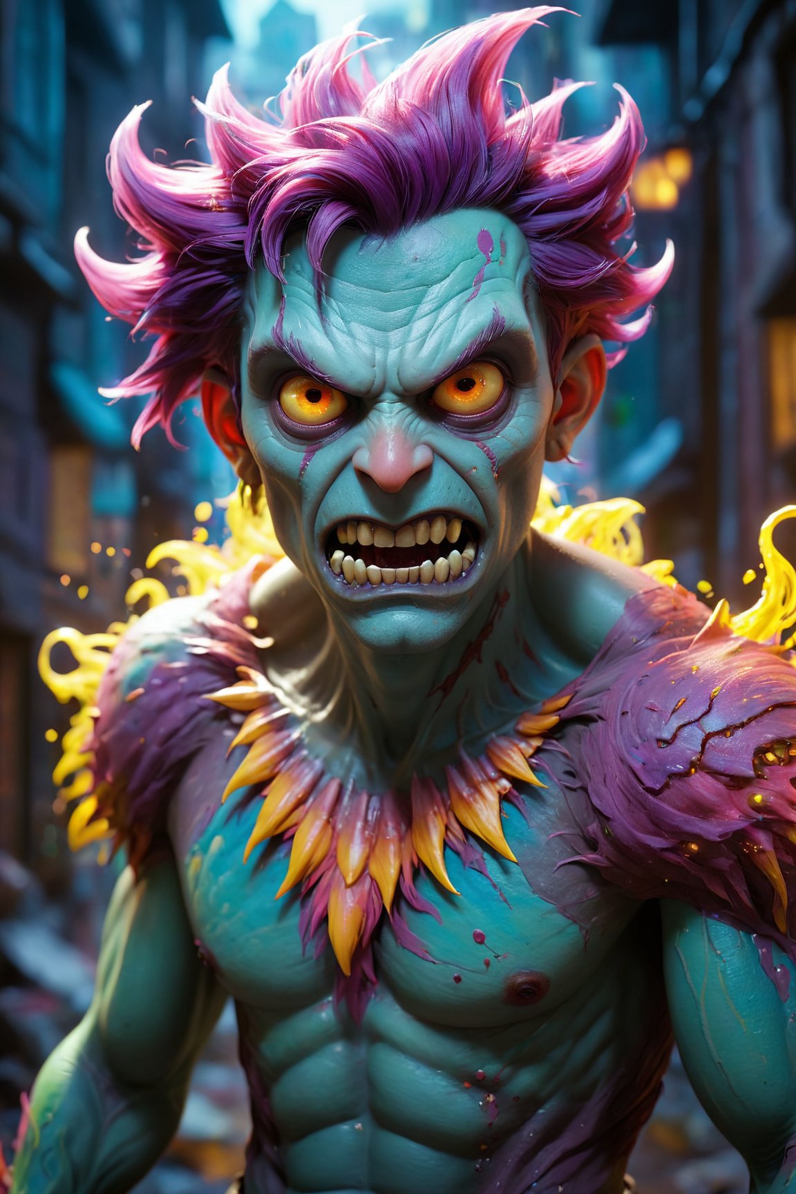 (best quality, 8K, highres, masterpiece), ultra-detailed, (photorealistic, cinematic), illustration painting of a luminous and enchanting bad guy undead/human-like creature with vibrant and dynamic anime-style colors. The creature, with dark, colorful hair, strikes a dynamic pose in a brilliantly lit fantasy realm environment filled with a kaleidoscope of colors. The mid-shot composition and rule of thirds depth of field emphasize intricate details, creating a fantastical realm that bursts with subtle and vibrant colors. The use of light particles enhances the scene's grandeur and awe, making it a stunning visual masterpiece in a double-exposure style. The strong outlines contribute to the scene's cinematic feel, creating a super colorful and visually captivating narrative