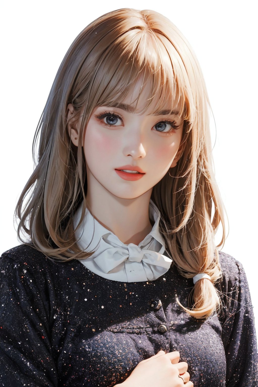 1girl, looking at viewer, 
styled clothing, high quality, ultra detailed, highres, 8k, accurate color reproduction, simple background, white background, best quality, photo by Canon 5d, 50mm ZEISS lens, professionally color graded, sharp focus, natural lighting, wide angle, ,chimaiv7,chimai,jisoo,momotw