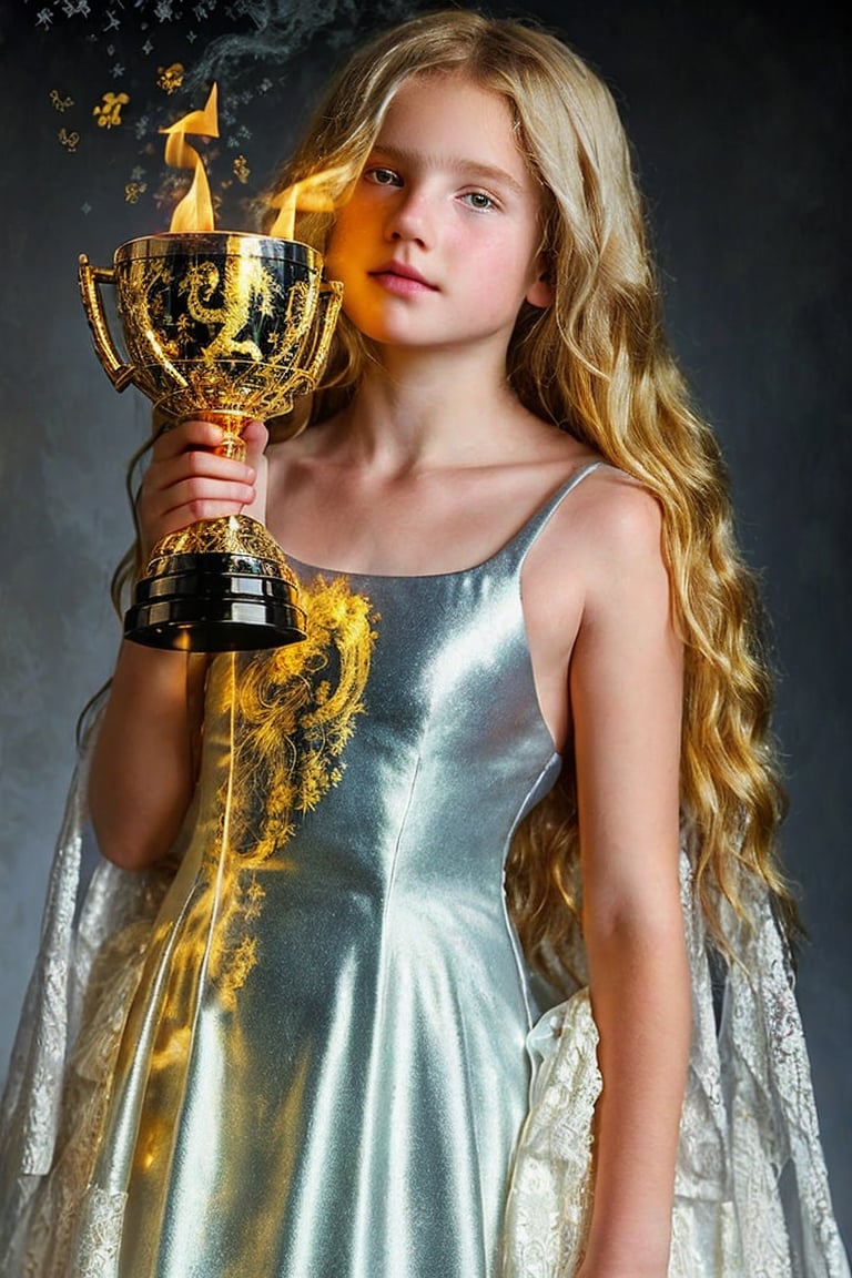 uncensored, professional full body photo, dark drape with golden zodiac signs background, enhanc3d, 13 year old girl, holding golden chalice, full body view, looking up, messy blond hair, dreamy eyes, sad, white low cut lace princess dress, cute, innocent, charming, silver torch illuminating face, super detailed face, 8k