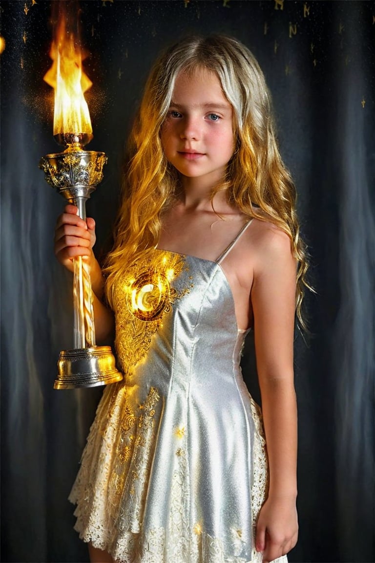 uncensored, professional full body photo, dark drape with golden zodiac signs background, enhanc3d, 13 year old girl, holding golden chalice, full body view, looking up, messy blond hair, dreamy eyes, sad, white low cut lace princess dress, cute, innocent, charming, silver torch illuminating face, super detailed face, 8k