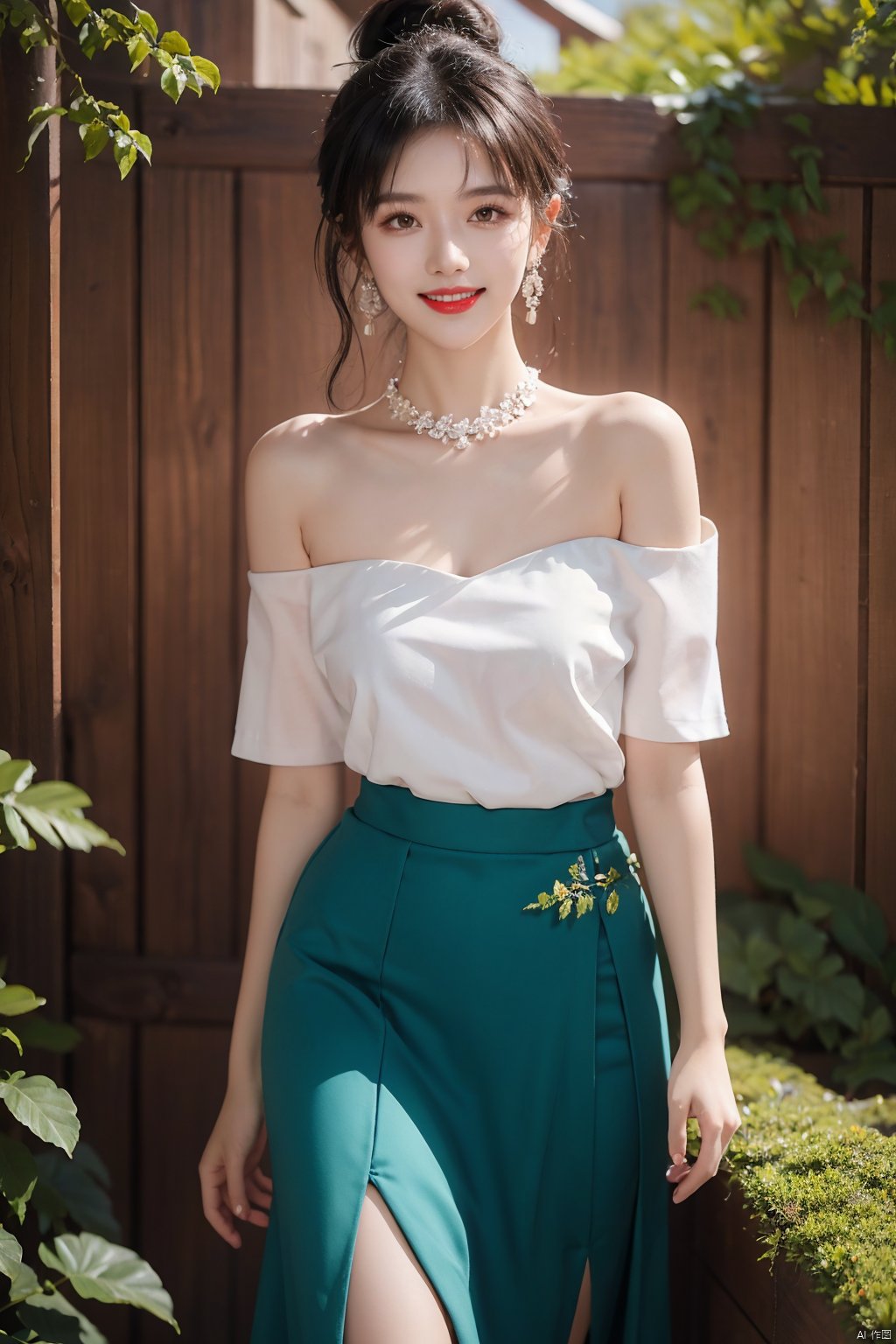  1girl, bare shoulders, black hair, breasts,Wooden wall, bush,Dai ethnic skirt, earrings, flower, garden,Chinese Dai ethnic clothing,Diagonal draped light gauze skirt, strapless dress, grass, hair bun, jewelry, makeup, outdoors, plant, red lips, Smile without showing teeth,solo, standing, depth of field