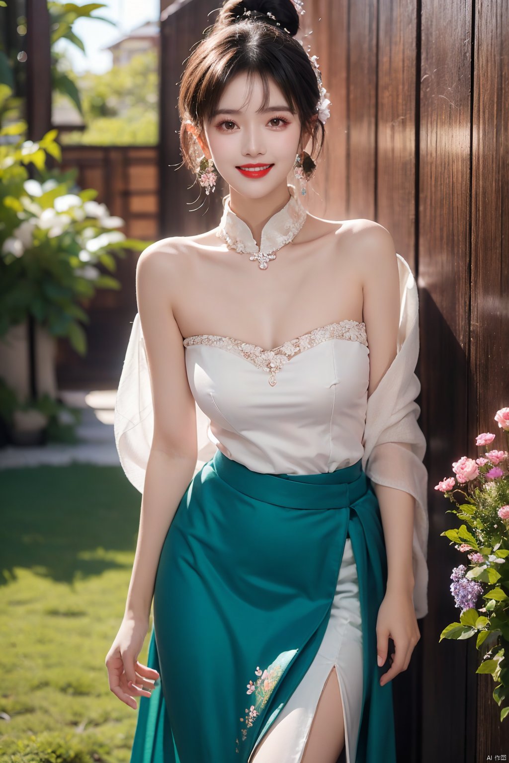  1girl, bare shoulders, black hair, breasts,Wooden wall, bush,Dai ethnic skirt, earrings, flower, garden,Chinese Dai ethnic clothing,Diagonal draped light gauze skirt, strapless dress, grass, hair bun, jewelry, makeup, outdoors, plant, red lips, Smile without showing teeth,solo, standing, depth of field