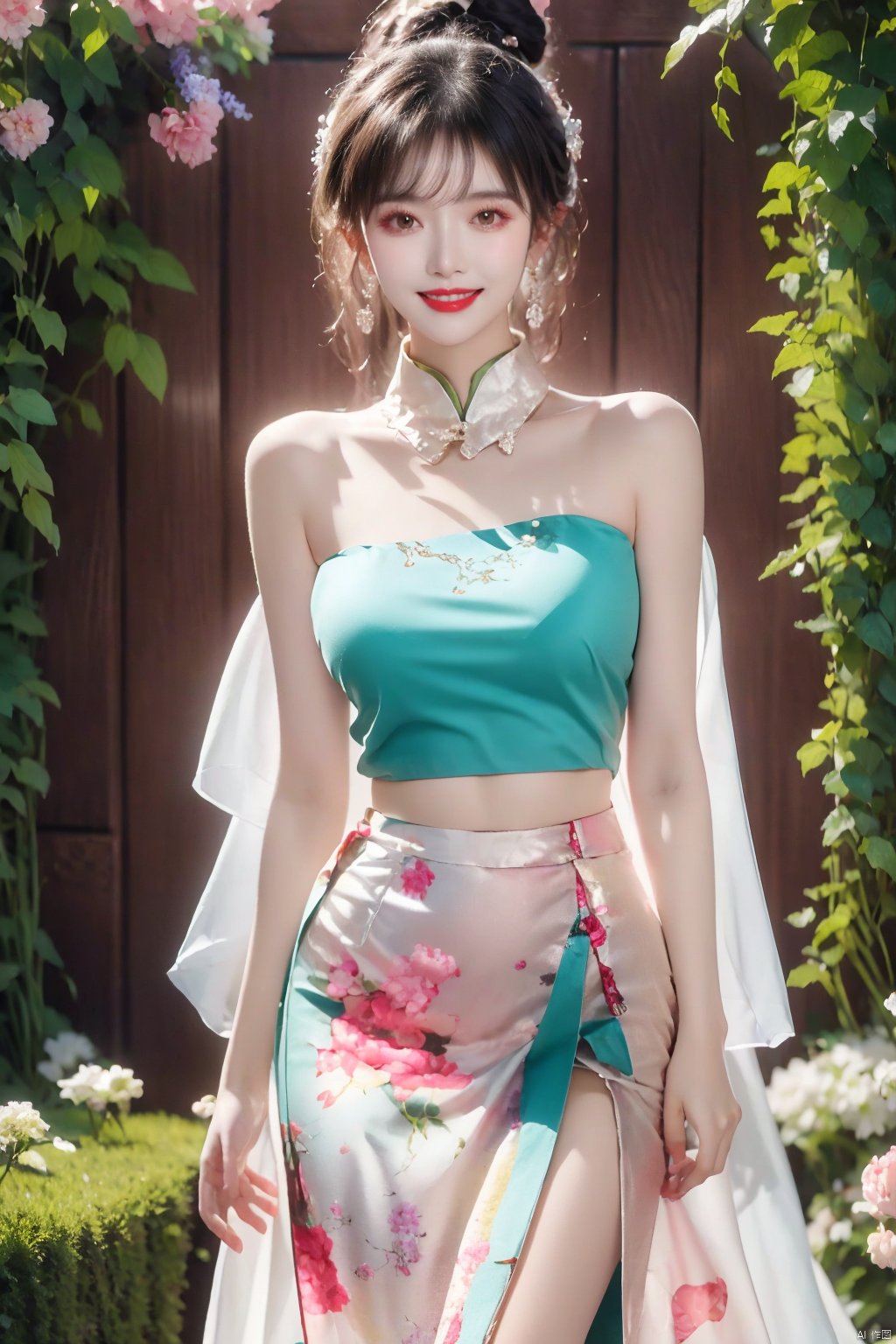  1girl, bare shoulders, black hair, breasts,Wooden wall, bush,Dai ethnic skirt, earrings, flower, garden,Chinese Dai ethnic clothing,Diagonal draped light gauze skirt, strapless dress, grass, hair bun, jewelry, makeup, outdoors, plant, red lips, Smile without showing teeth,solo, standing, depth of field