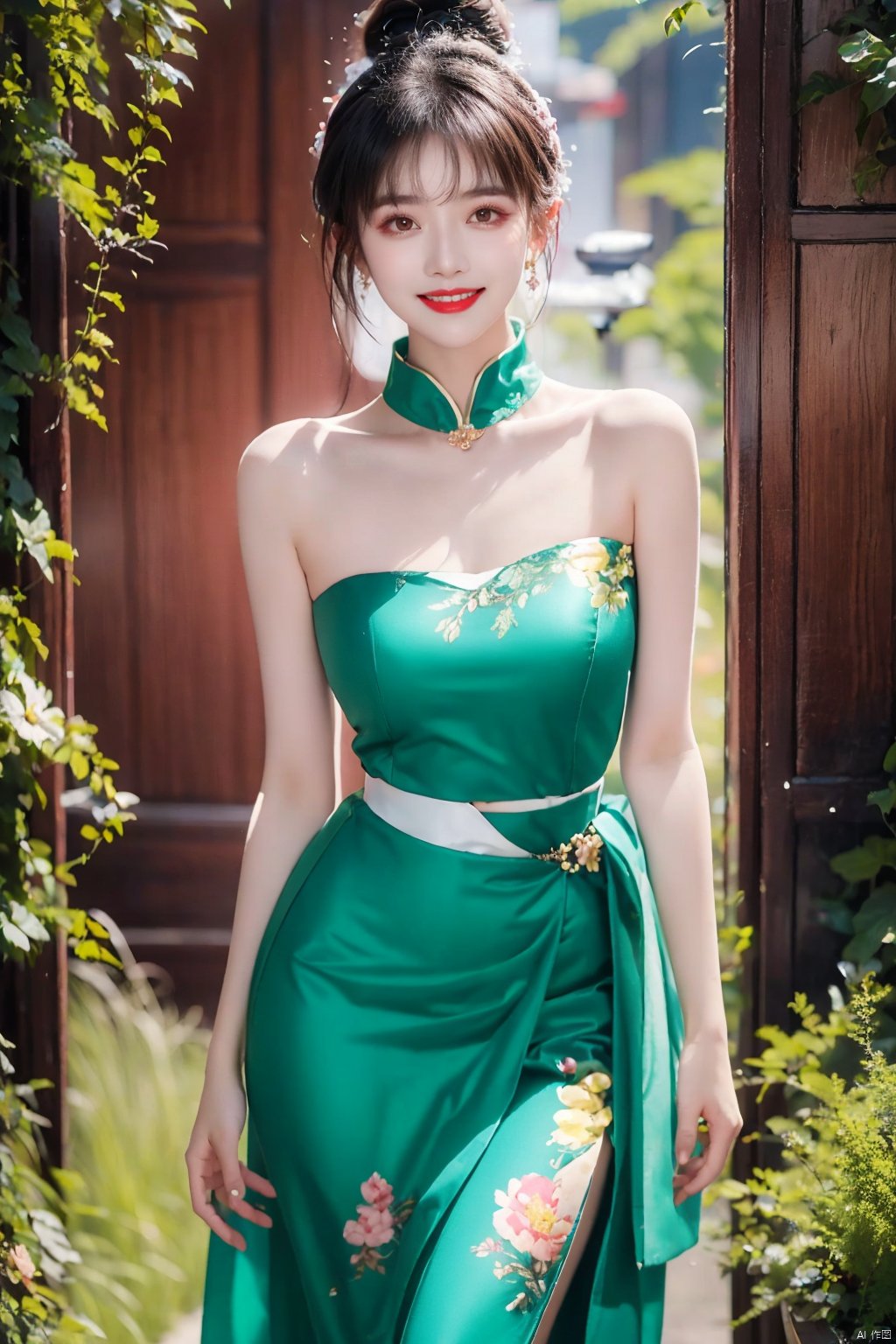  1girl, bare shoulders, black hair, breasts,Wooden wall, bush,Dai ethnic skirt, earrings, flower, garden,Chinese Dai ethnic clothing,Diagonal draped light gauze skirt, strapless dress, grass, hair bun, jewelry, makeup, outdoors, plant, red lips, Smile without showing teeth,solo, standing, depth of field