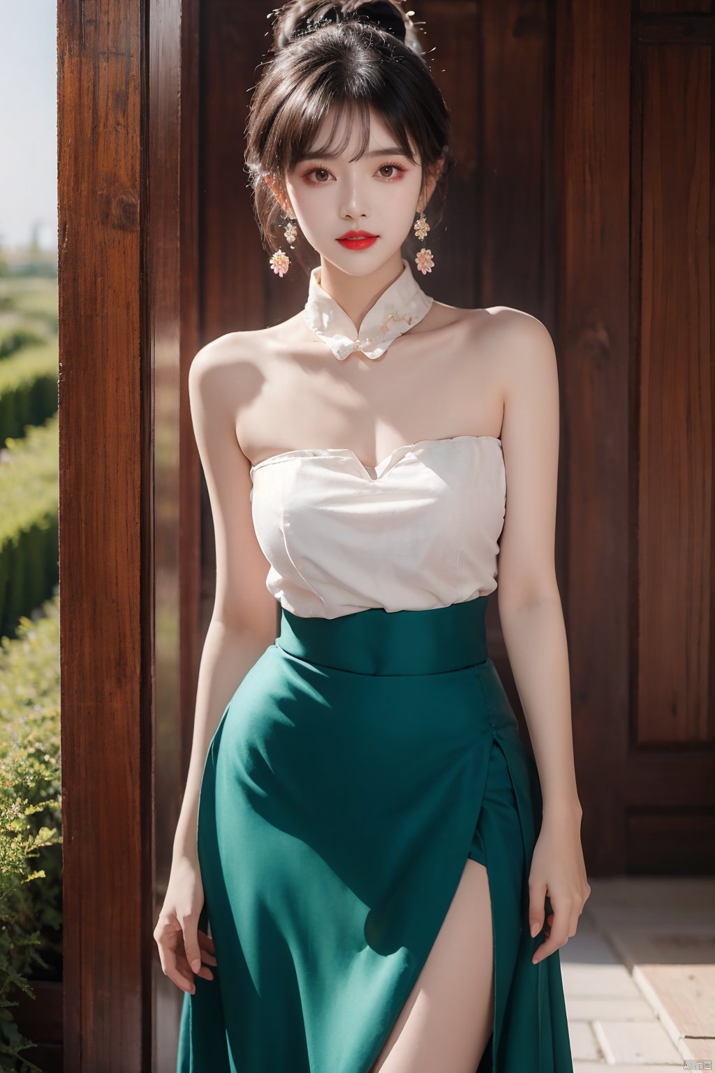  1girl, bare shoulders, black hair, breasts,Wooden wall, bush,Dai ethnic skirt, earrings, flower, garden,Chinese Dai ethnic clothing,Diagonal draped light gauze skirt, strapless dress, grass, hair bun, jewelry, makeup, outdoors, plant, red lips, solo, standing, depth of field