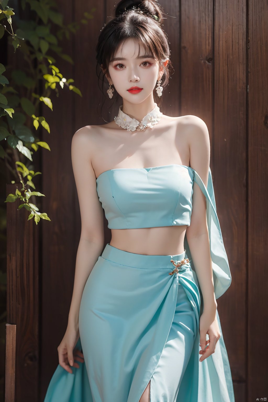  1girl, bare shoulders, black hair, breasts,Wooden wall, bush,Dai ethnic skirt, earrings, flower, garden,Chinese Dai ethnic clothing,Diagonal draped light gauze skirt, strapless dress, grass, hair bun, jewelry, makeup, outdoors, plant, red lips, solo, standing, depth of field