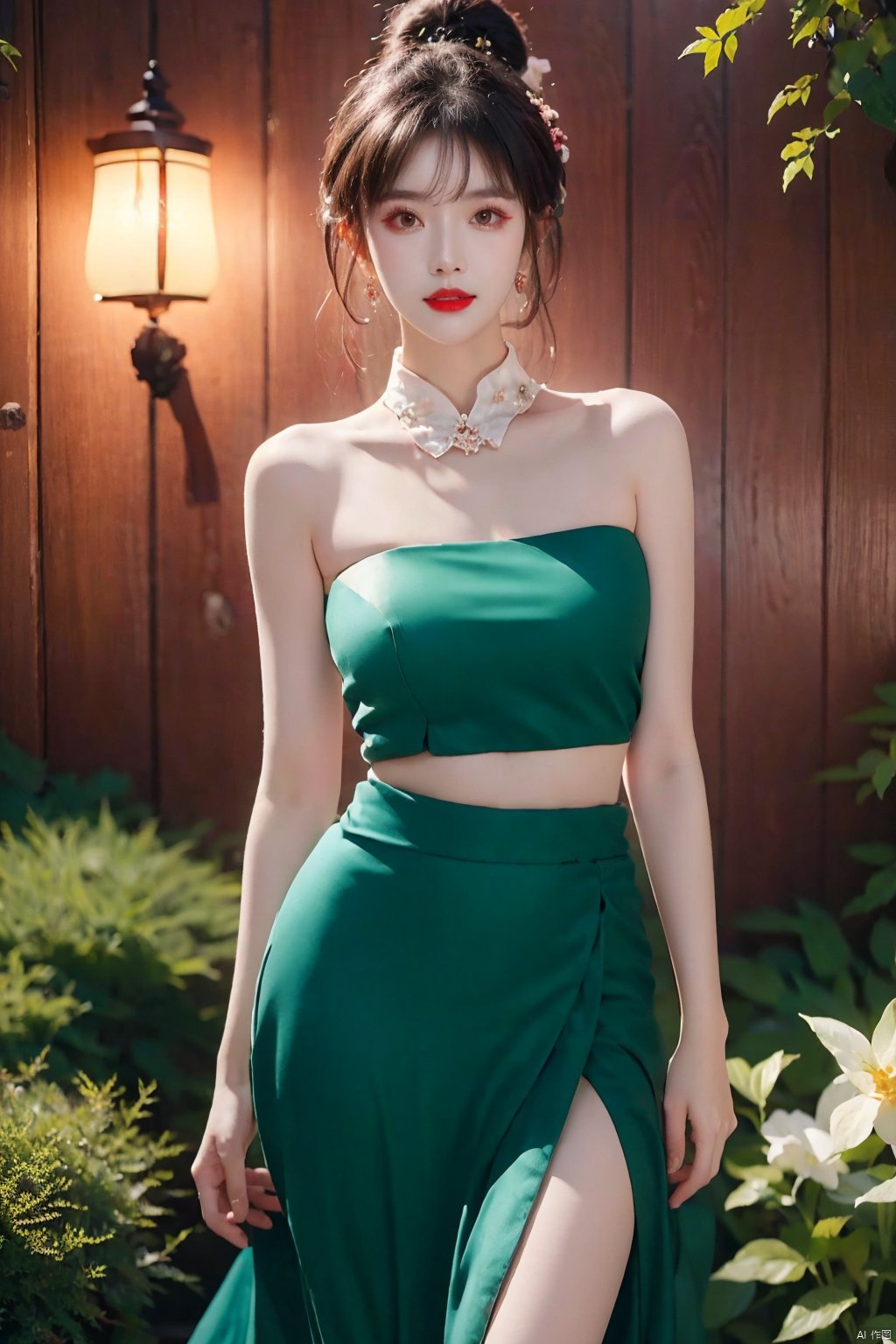  1girl, bare shoulders, black hair, breasts,Wooden wall, bush,Dai ethnic skirt, earrings, flower, garden,Chinese Dai ethnic clothing,Diagonal draped light gauze skirt, strapless dress, grass, hair bun, jewelry, makeup, outdoors, plant, red lips, solo, standing, depth of field