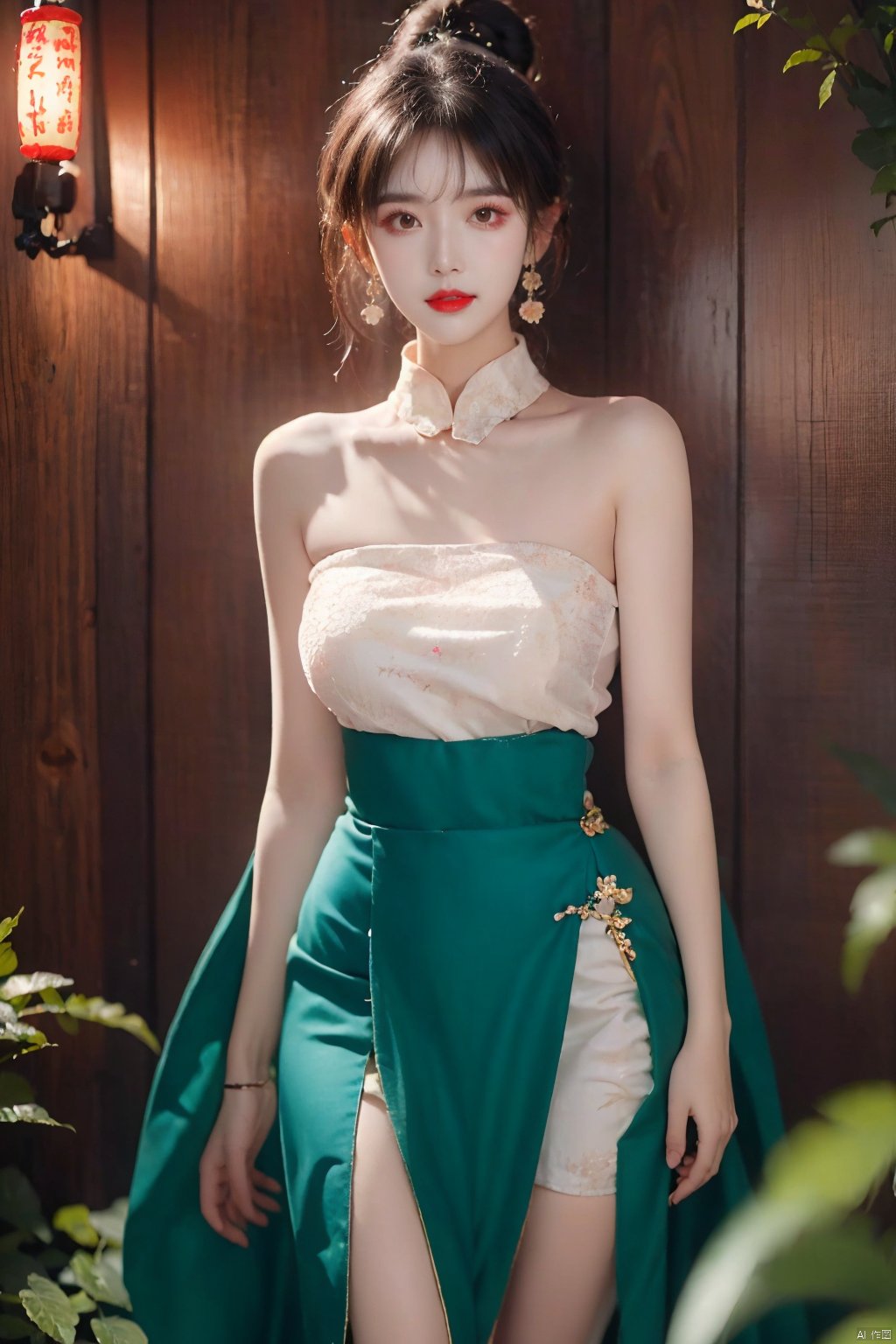  1girl, bare shoulders, black hair, breasts,Wooden wall, bush,Dai ethnic skirt, earrings, flower, garden,Chinese Dai ethnic clothing,Diagonal draped light gauze skirt, strapless dress, grass, hair bun, jewelry, makeup, outdoors, plant, red lips, solo, standing, depth of field