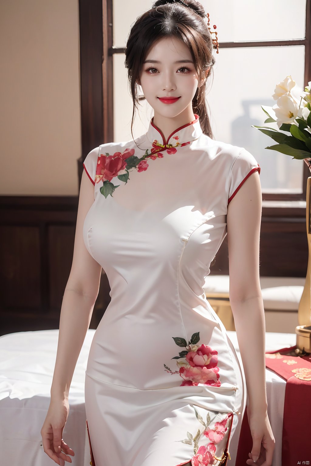  1girl,*****,fair_skin,shiny_skin,white_marble_glowing_skin,curvy,long hair,makeup,flower-shaped pupils,big breasts,china_dress,print_cheongsam,smile,chinese_style,huge filesize,wallpaper,real,available light,reality,realistic,simple_background, 1girl