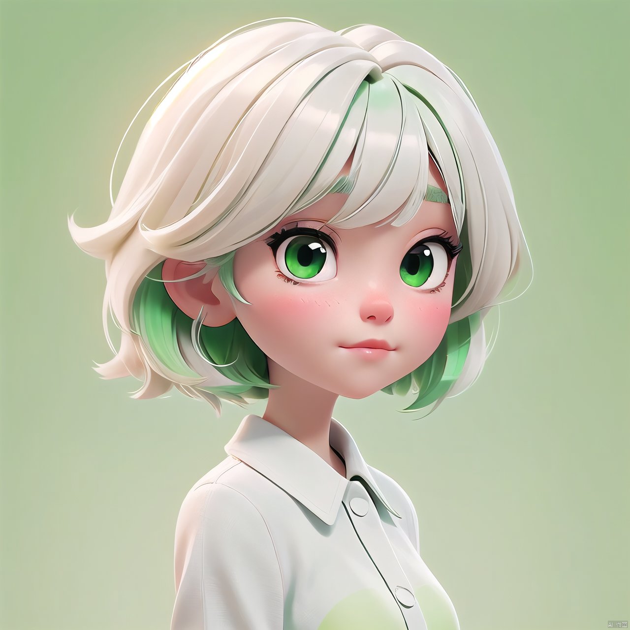  blunt bangs, masterpiece, best quality, best illustration, ultra-detailed, upper body, solo, 1 girl, looking at viewer, upright, arms at sides, beautiful detailed eyes, concept art, white background, simple background, white hair, green gradient hair, expressionless, blush, virtual youtuber, short hair,blonde hair,