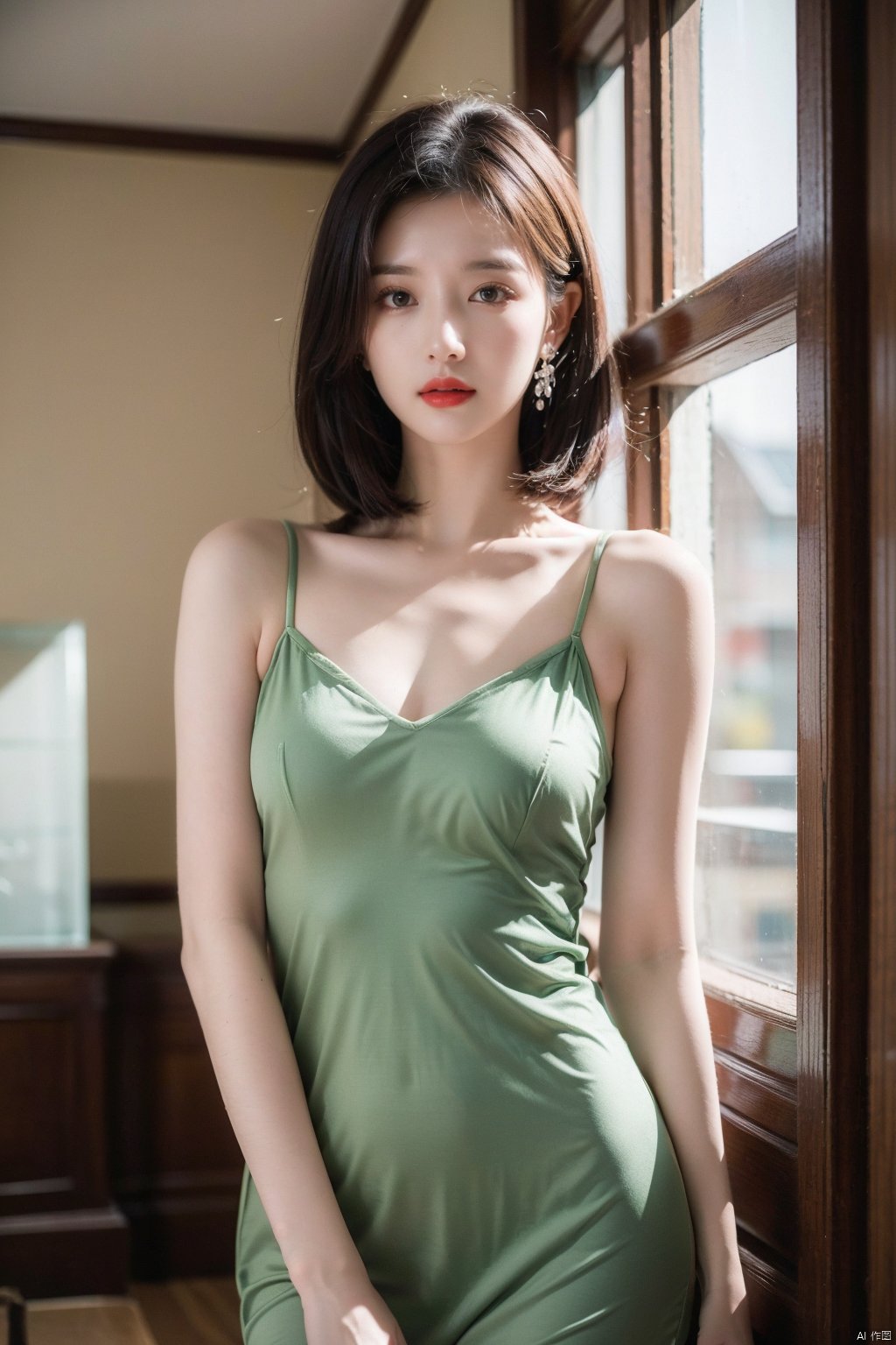  1girl,Short hair or up hair, can not cover the neck, fair and round skin, big breasts but not drooping, clothes as little as possible but delicate, indoor environment, quiet beauty, not wild,The image is a well-composed, vintage-inspired photograph featuring a model in a green Green tulle slip nightdress,The model's pose and expression exude confidence and allure. The image is well-lit and of high quality, with excellent color balance and contrast. The background is blurred, further emphasizing the model as the main subject. The vintage aesthetic is well-executed, showcasing the photographer's skill and talent.