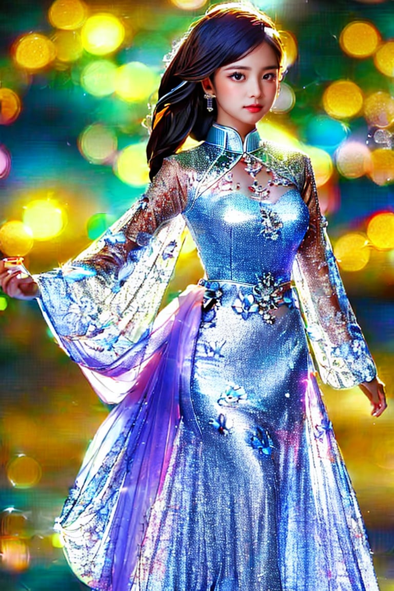 Masterpiece image of a beautiful vietnamese girl in ao dai with medium-length hair star-gazing under the moonlight, divine proportion, non-douche smile, fireflies, Glowing Whisper, Ethereal dance, Nocturnal Grace, Silent Luminescence, Midnight Flutter, Whispering Silent, Iridescent Encounter, Moonlit Shadow, aurora borealis, by Skyrn99, full body, (((rule of thirds))), high quality, high detail, high resolution, (bokeh:2), backlit, long exposure:2,vietnam,(PnMakeEnh)