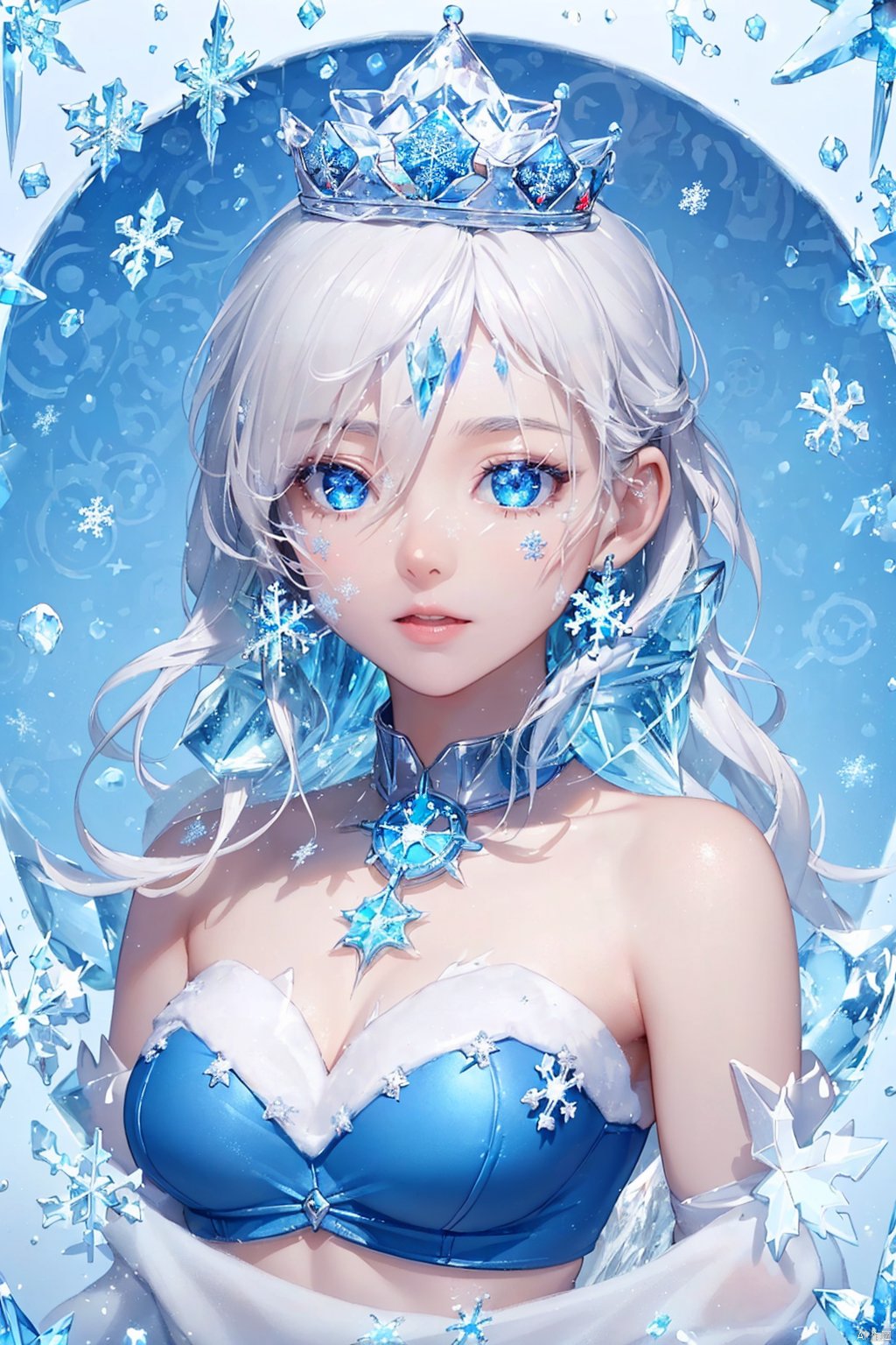 (detailed light), (an extremely delicate and beautiful), volume light, best shadow,cinematic lighting, flash, Depth of field, dynamic angle, (nsfw:0.8), Oily skin,
((ice-sculpture-loli)+(detailed eyes)+(detailed messy white ice-hair)+(Extremely delicate and beautiful ice-sculpture-loli)+(Ice-crystals-skin:1.4)+(detailed ice-Texture:1.4))+(Reflective snowflake-skin:1.3)+(blue bustier:1.35)+(Snowflakes on the skin:1.3)+(ice crystals on the skin:1.3)+(ice-snowflake-crown on head:1.25)+(snowflake)+(Cute anime face)+(bell collar:1.3)+(Medium breasts:1.2)+(Extremely delicate and beautiful)+(Flowing-ice:1.3),upper body,
(complexity),((detailed blue-fire-magic-circle background:1.3)+(Snowflake-concentric-circles:1.3))

