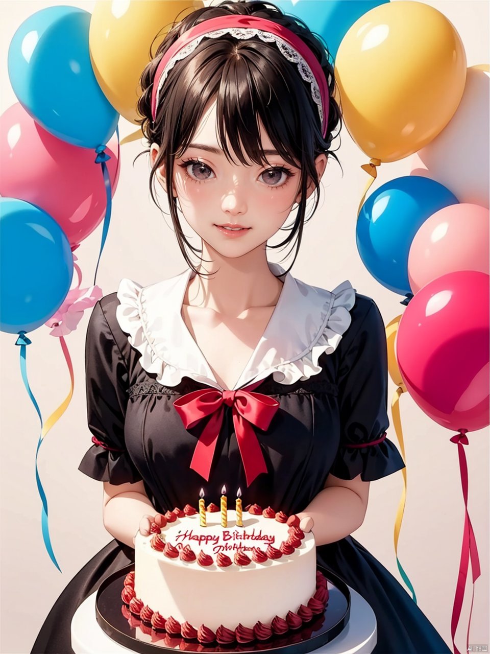 (Masterpiece, best quality)
(detailed light), (an extremely delicate and beautiful), volume light, best shadow, flash, Depth of field, dynamic angle, Oily skin
upper body, 1 Girl on her birthday, extremely detailed big birthday cake,
Colorful Lolita dresses, lots of pretty ruffles, red bows, headbands,
Make a wish
Beautiful elegant room, lots of streamers, balloon
BREAK
生日快乐歌：
Happy birthday to you
Happy birthday to you
Happy birthday, happy birthday
Happy birthday to you
