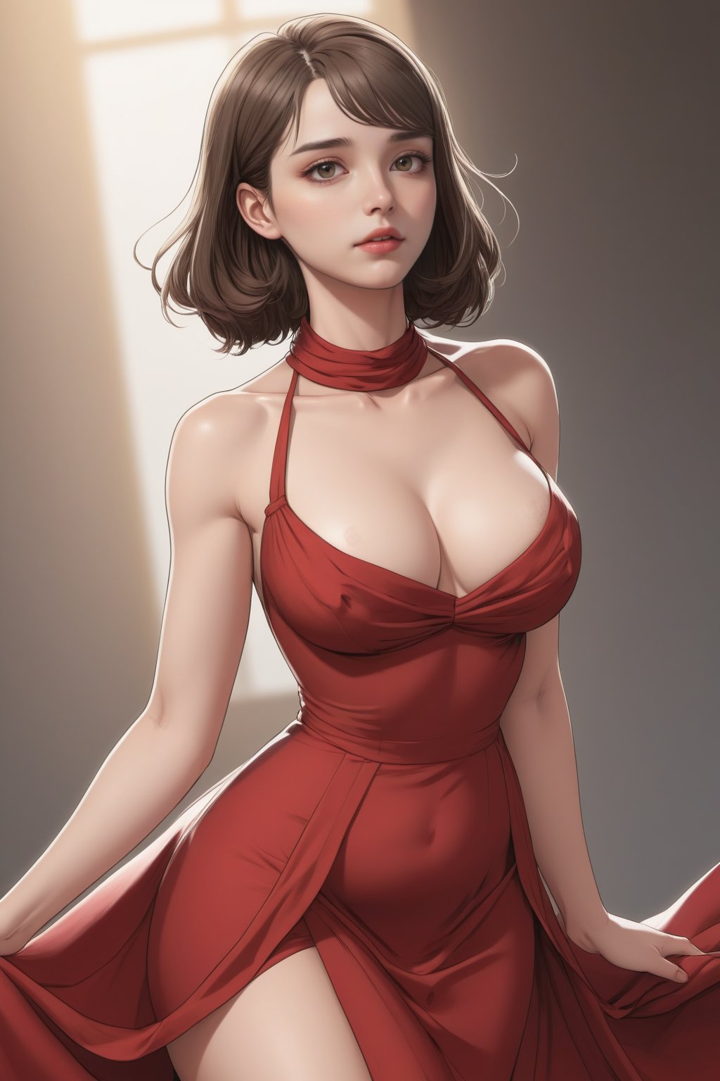 ((masterpiece,best quality)), high res, HD, illustration, solo female, random color, random pose, complex color,
perfect anatomy,dudou, dress, bare shoulders, halterneck,comic style